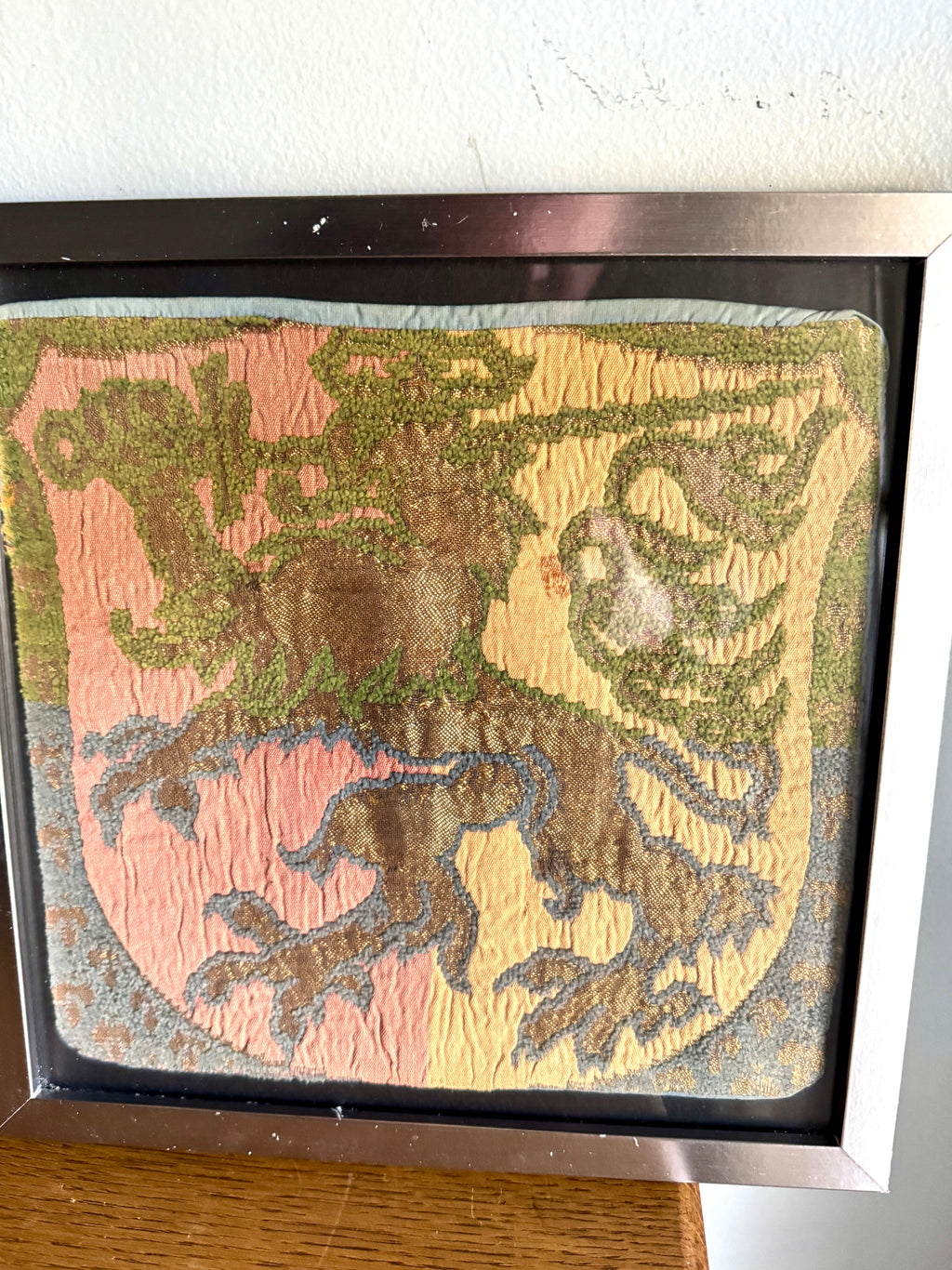 Vtg Pair of Framed Tapestry "Lion Rampant" Wall Hangings ~ Scottish Royal Arms Lion Tapestries