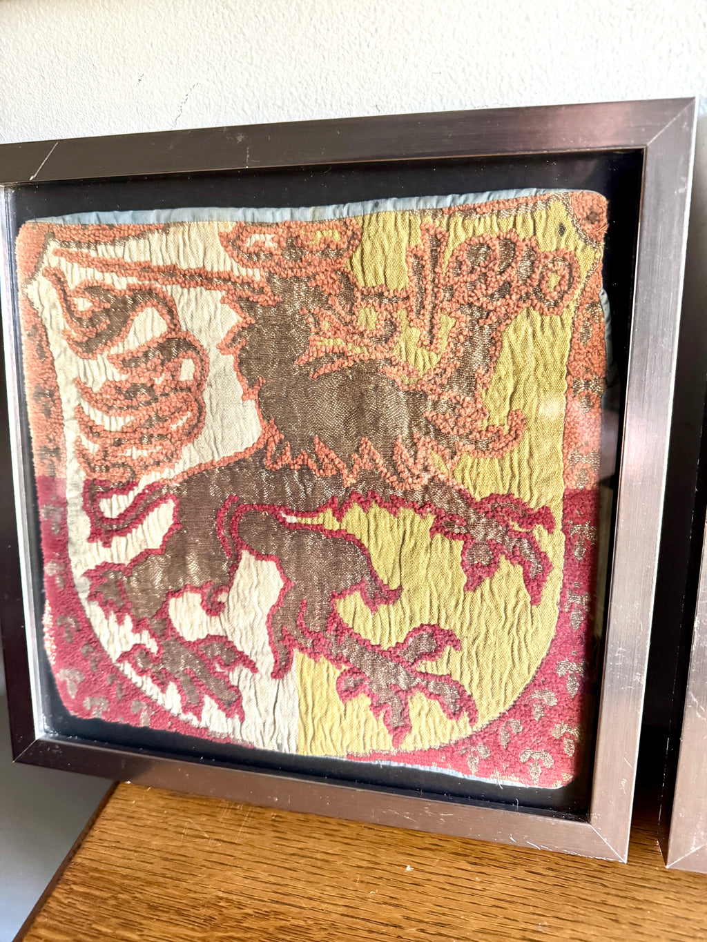 Vtg Pair of Framed Tapestry "Lion Rampant" Wall Hangings ~ Scottish Royal Arms Lion Tapestries