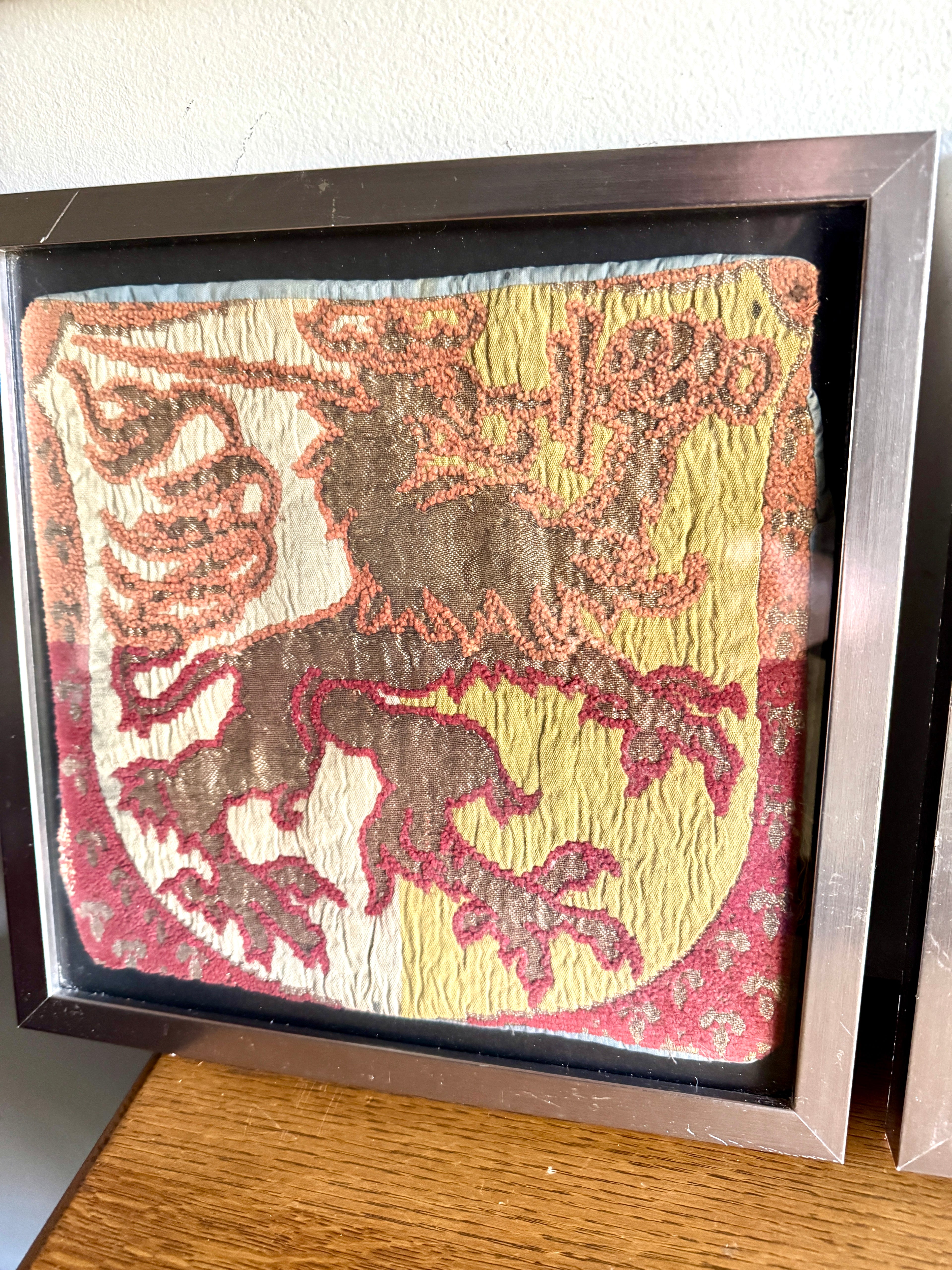 Vtg Pair of Framed Tapestry "Lion Rampant" Wall Hangings ~ Scottish Royal Arms Lion Tapestries