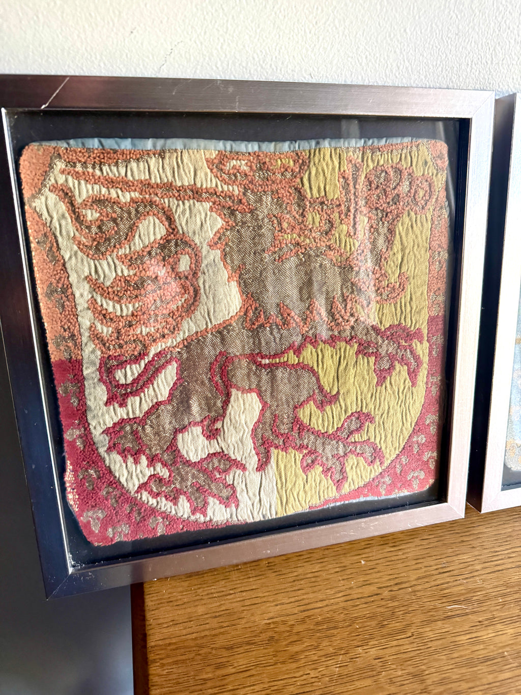 Vtg Pair of Framed Tapestry "Lion Rampant" Wall Hangings ~ Scottish Royal Arms Lion Tapestries