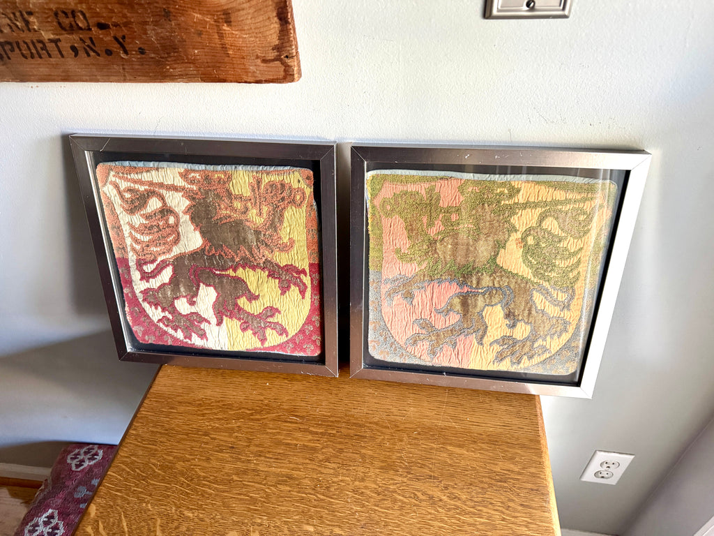 Vtg Pair of Framed Tapestry "Lion Rampant" Wall Hangings ~ Scottish Royal Arms Lion Tapestries