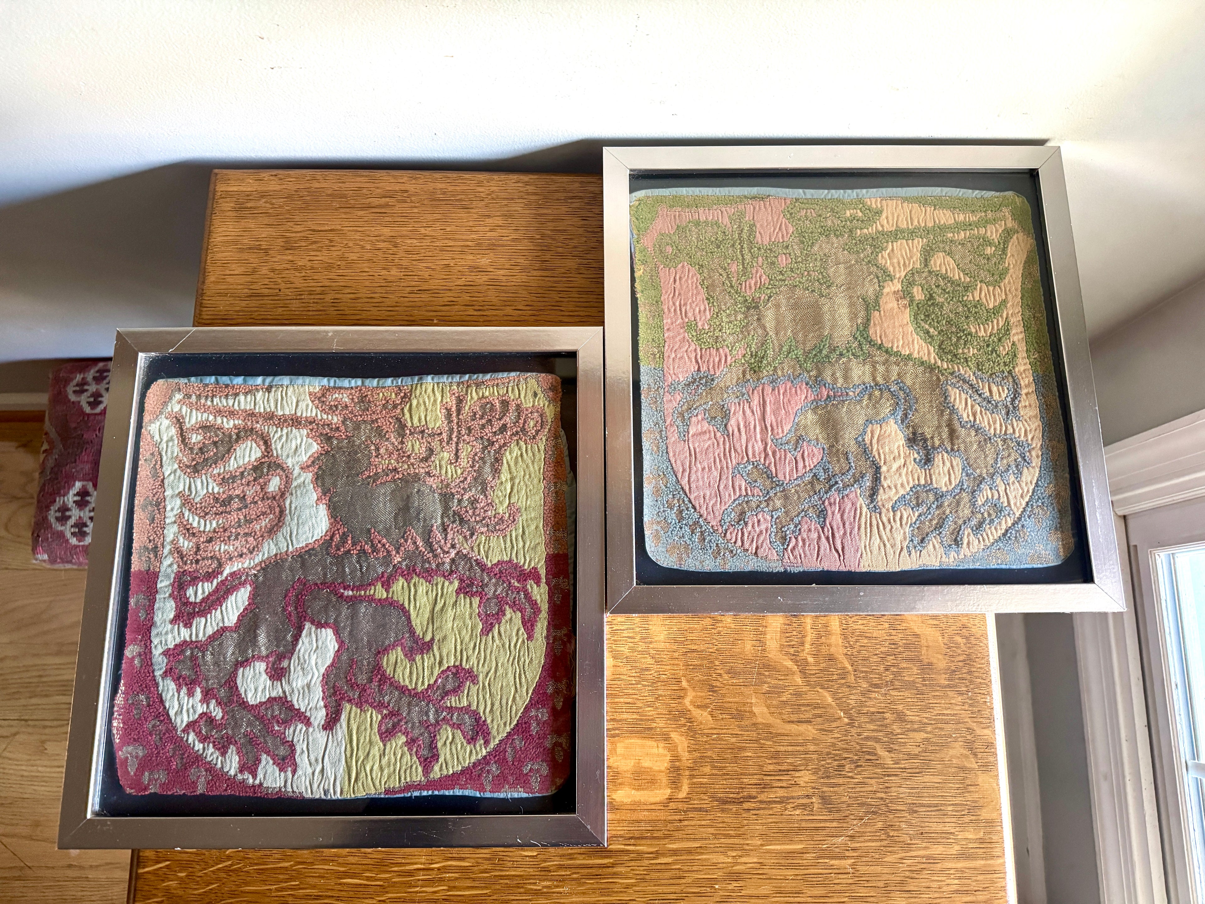 Vtg Pair of Framed Tapestry "Lion Rampant" Wall Hangings ~ Scottish Royal Arms Lion Tapestries