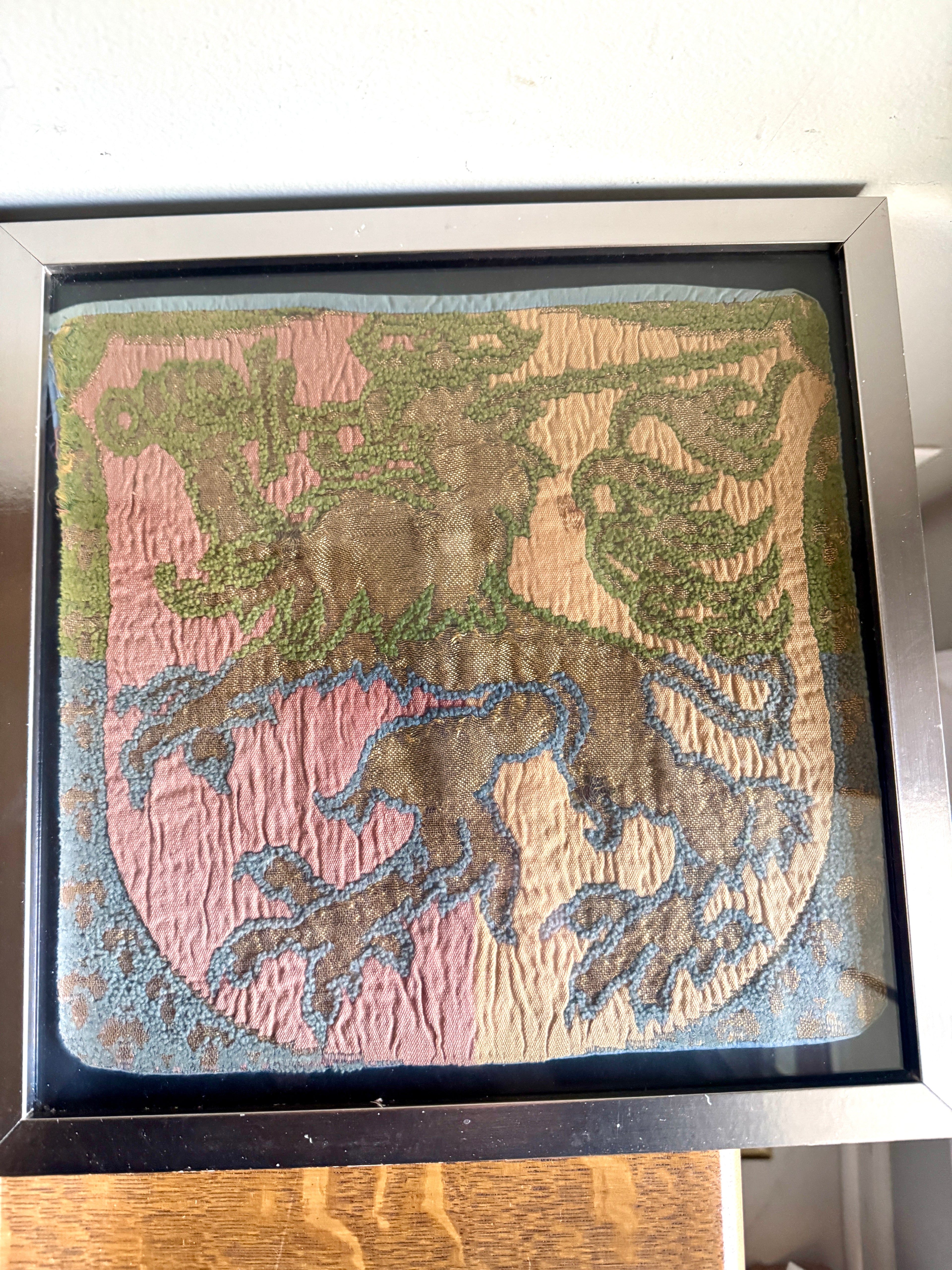 Vtg Pair of Framed Tapestry "Lion Rampant" Wall Hangings ~ Scottish Royal Arms Lion Tapestries