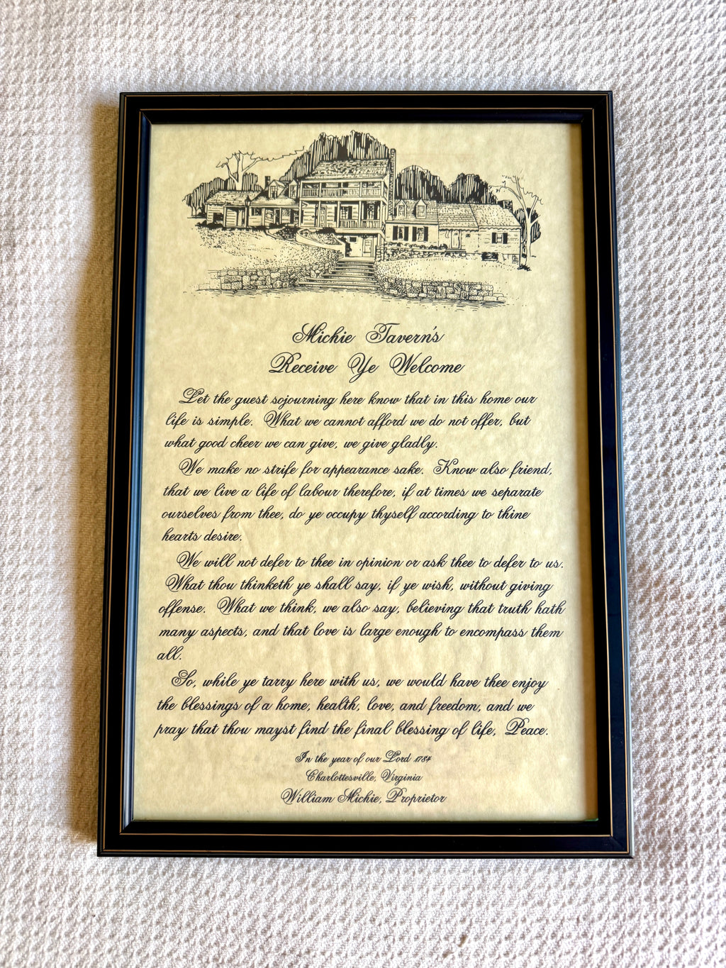 Vtg Framed Michie Tavern's "Receive Ye Welcome" Message Print ~ 1784 William Michie Message Charlottesville Va