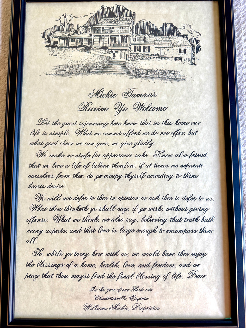 Vtg Framed Michie Tavern's "Receive Ye Welcome" Message Print ~ 1784 William Michie Message Charlottesville Va