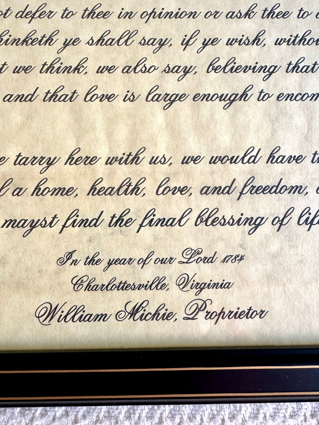 Vtg Framed Michie Tavern's "Receive Ye Welcome" Message Print ~ 1784 William Michie Message Charlottesville Va