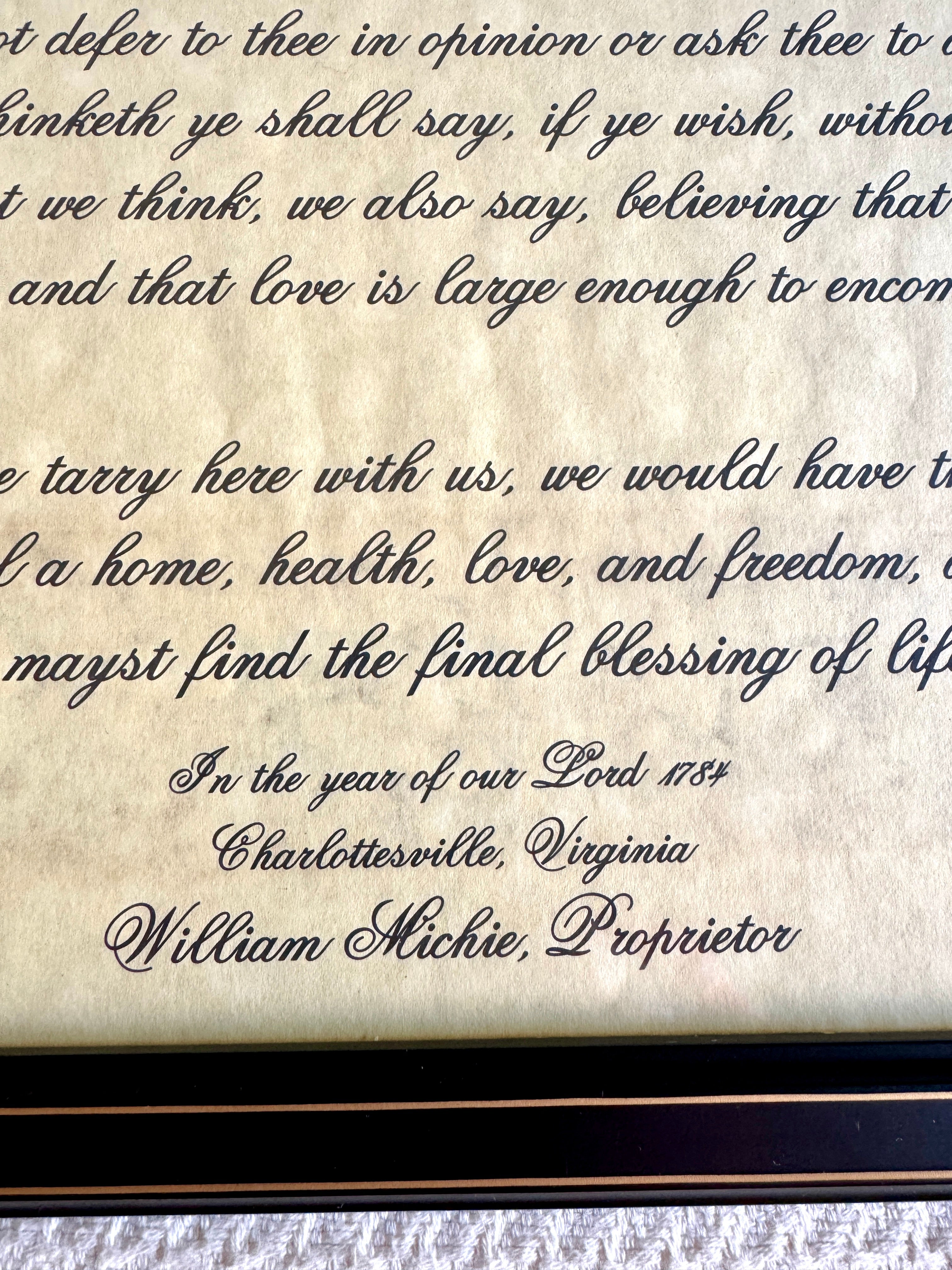 Vtg Framed Michie Tavern's "Receive Ye Welcome" Message Print ~ 1784 William Michie Message Charlottesville Va