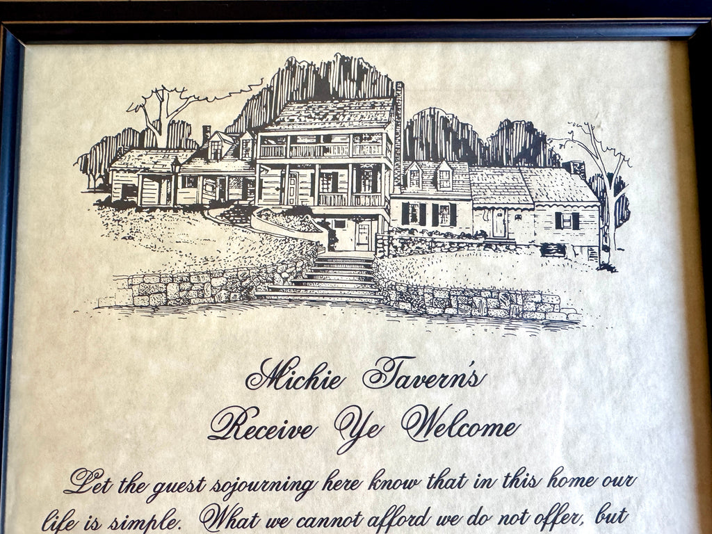 Vtg Framed Michie Tavern's "Receive Ye Welcome" Message Print ~ 1784 William Michie Message Charlottesville Va