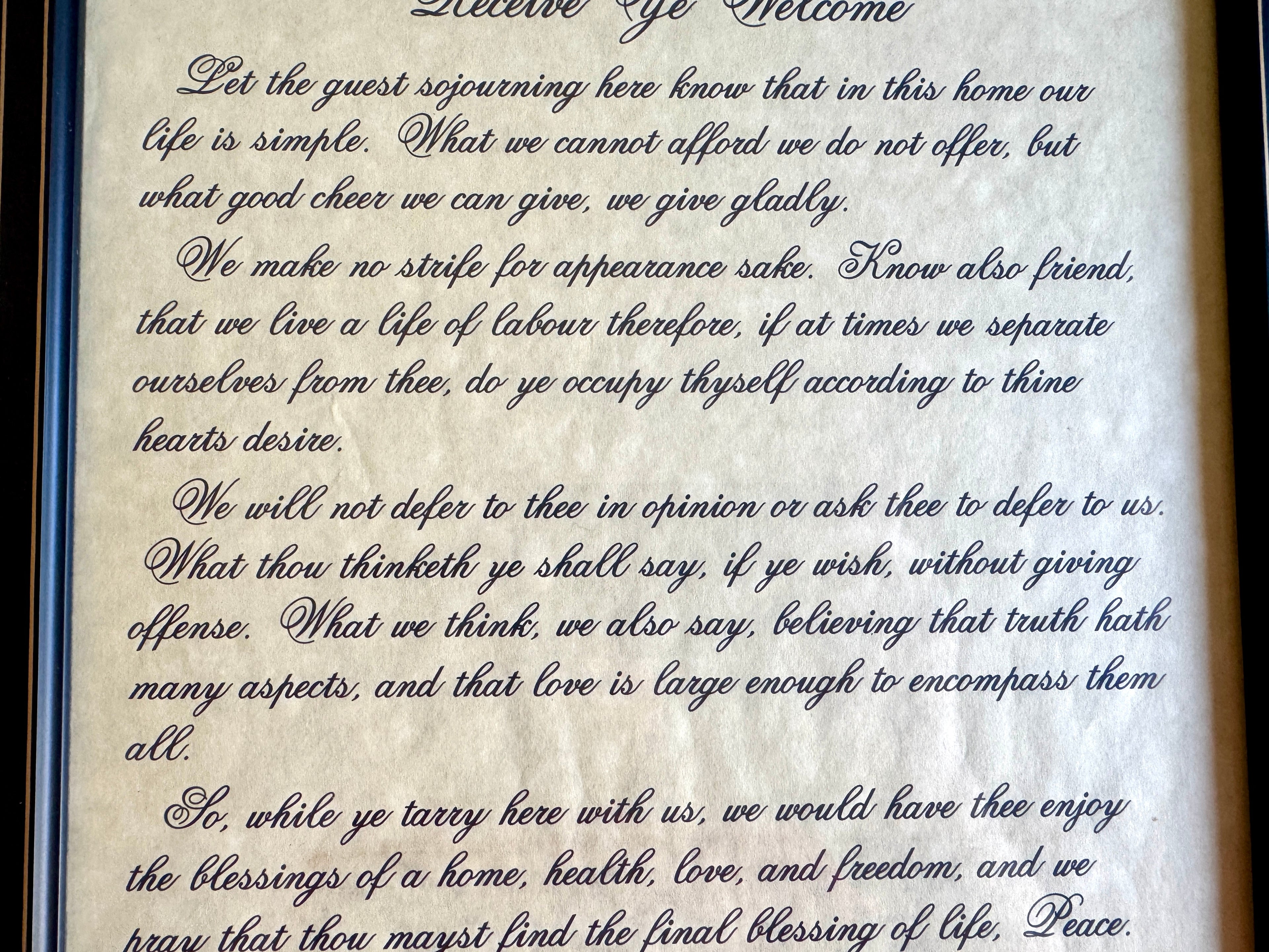 Vtg Framed Michie Tavern's "Receive Ye Welcome" Message Print ~ 1784 William Michie Message Charlottesville Va