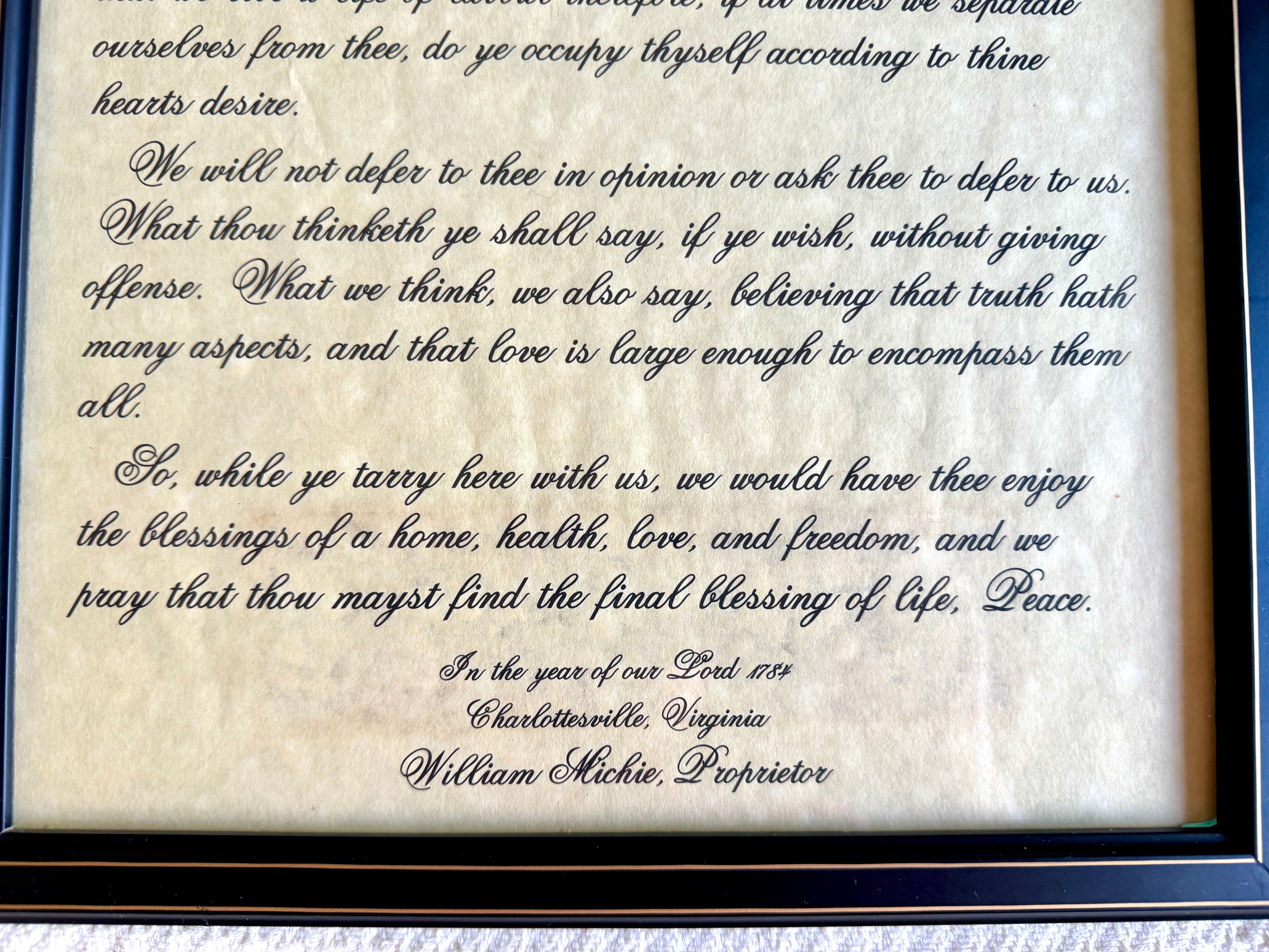 Vtg Framed Michie Tavern's "Receive Ye Welcome" Message Print ~ 1784 William Michie Message Charlottesville Va