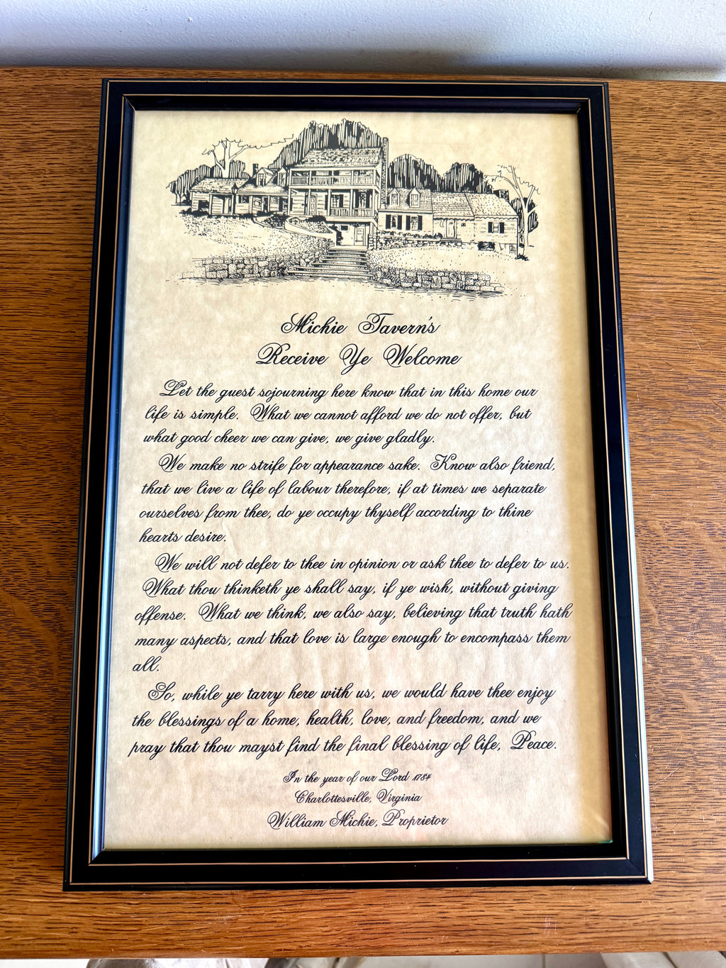 Vtg Framed Michie Tavern's "Receive Ye Welcome" Message Print ~ 1784 William Michie Message Charlottesville Va