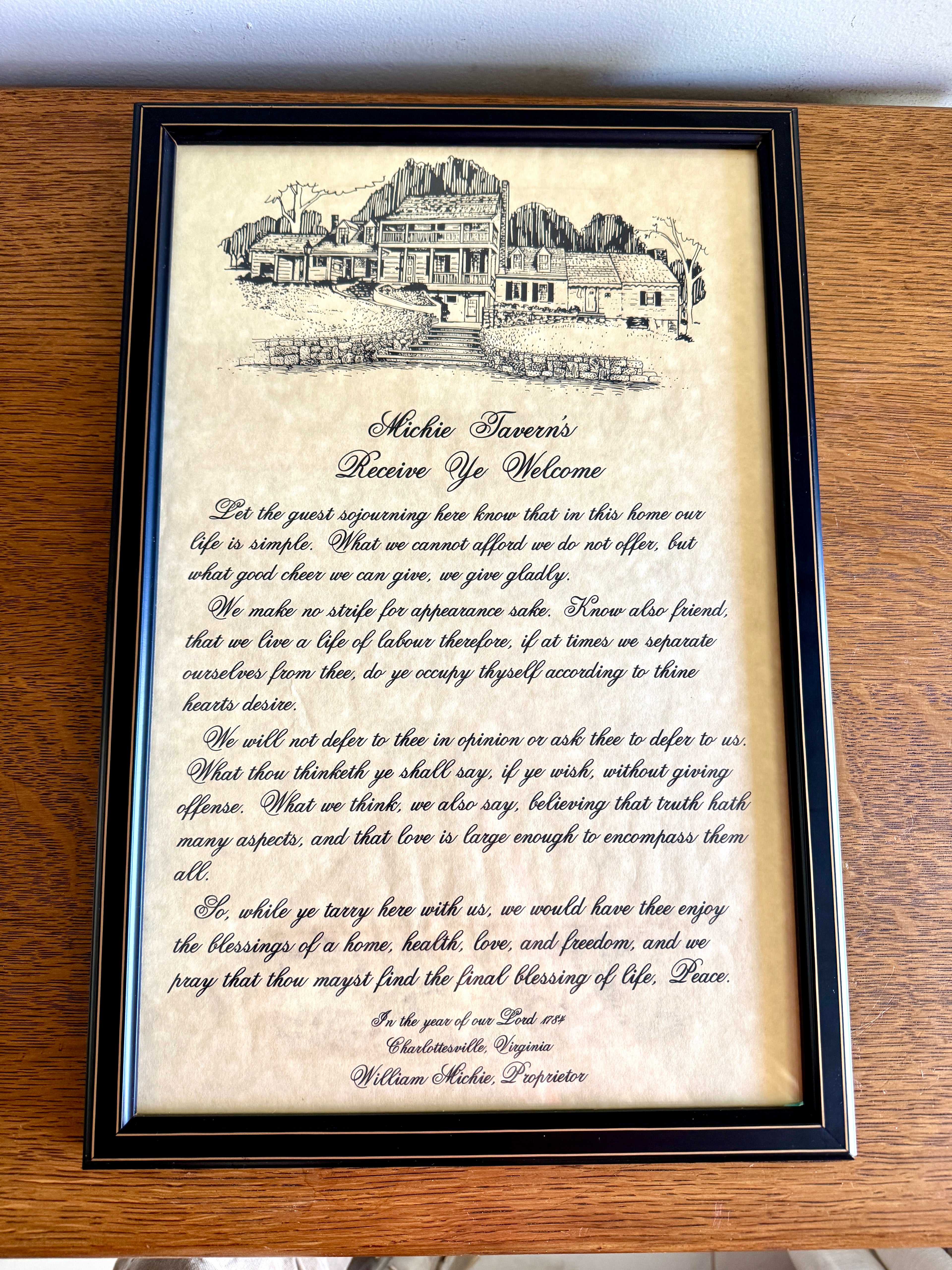 Vtg Framed Michie Tavern's "Receive Ye Welcome" Message Print ~ 1784 William Michie Message Charlottesville Va