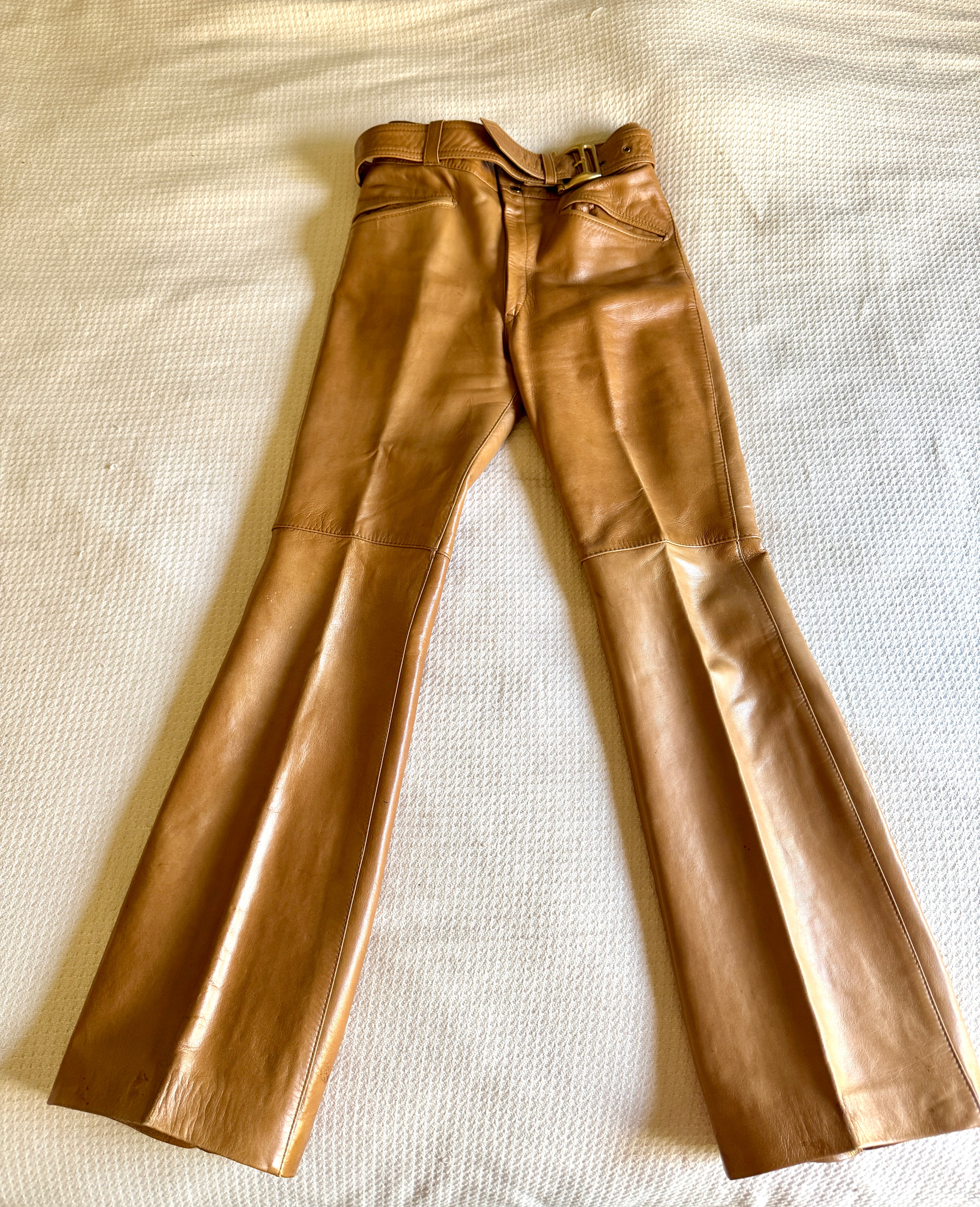 1970's Spanish Leather Camel Colored Pants with Brass Eleche Sebastian Belt Buckle (Size30)