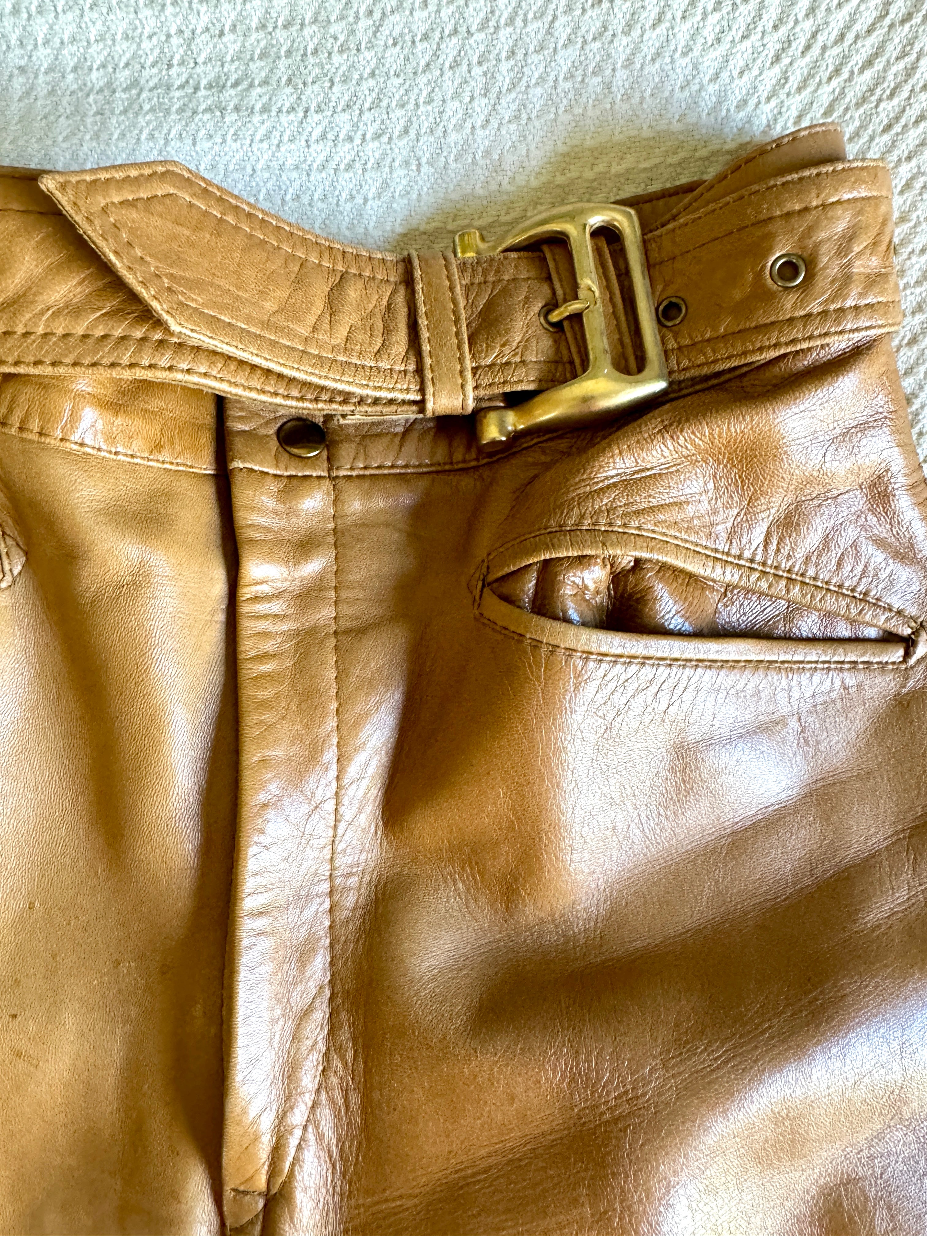 1970's Spanish Leather Camel Colored Pants with Brass Eleche Sebastian Belt Buckle (Size30)