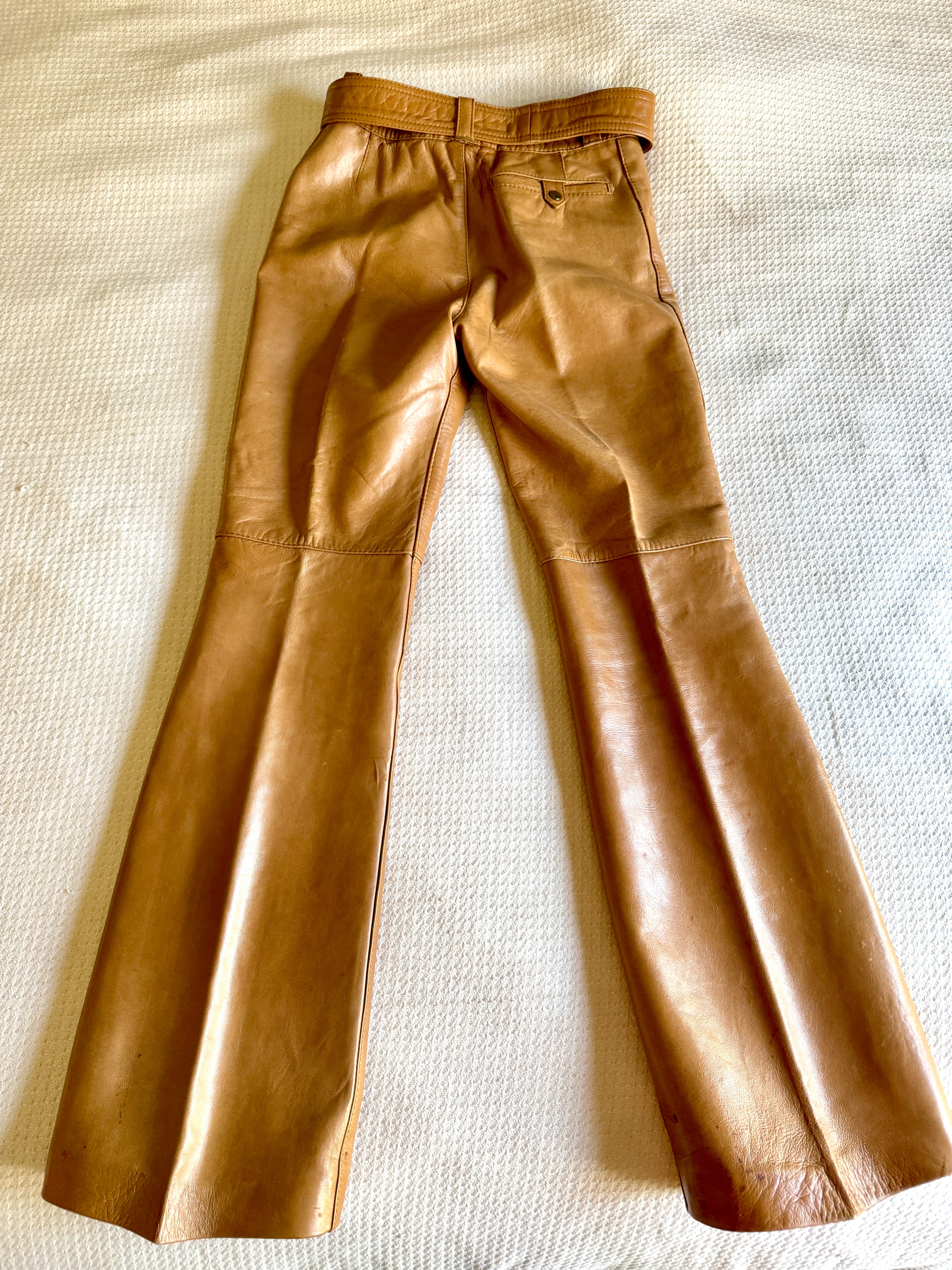 1970's Spanish Leather Camel Colored Pants with Brass Eleche Sebastian Belt Buckle (Size30)