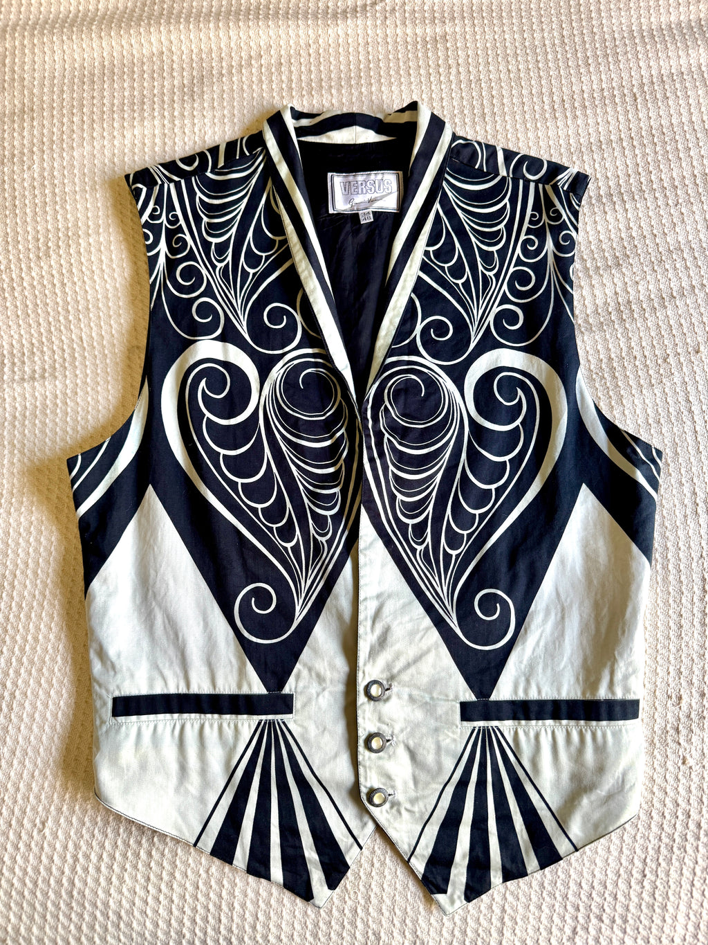 1980's Gianni Versace Black & White Art Deco Print Pattern Vest 34/48