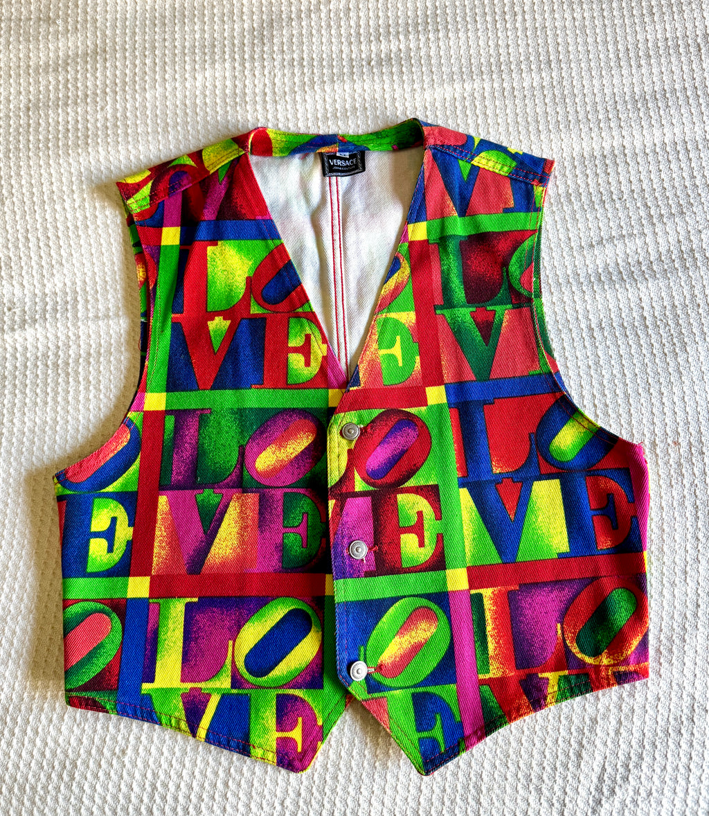 1980's Versace Love Block Print Denim Streetwear Vest ~ Medium Versace "Love" Vest