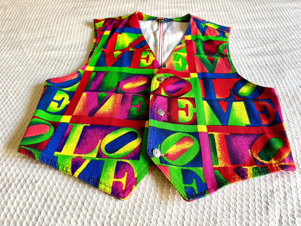 1980's Versace Love Block Print Denim Streetwear Vest ~ Medium Versace "Love" Vest