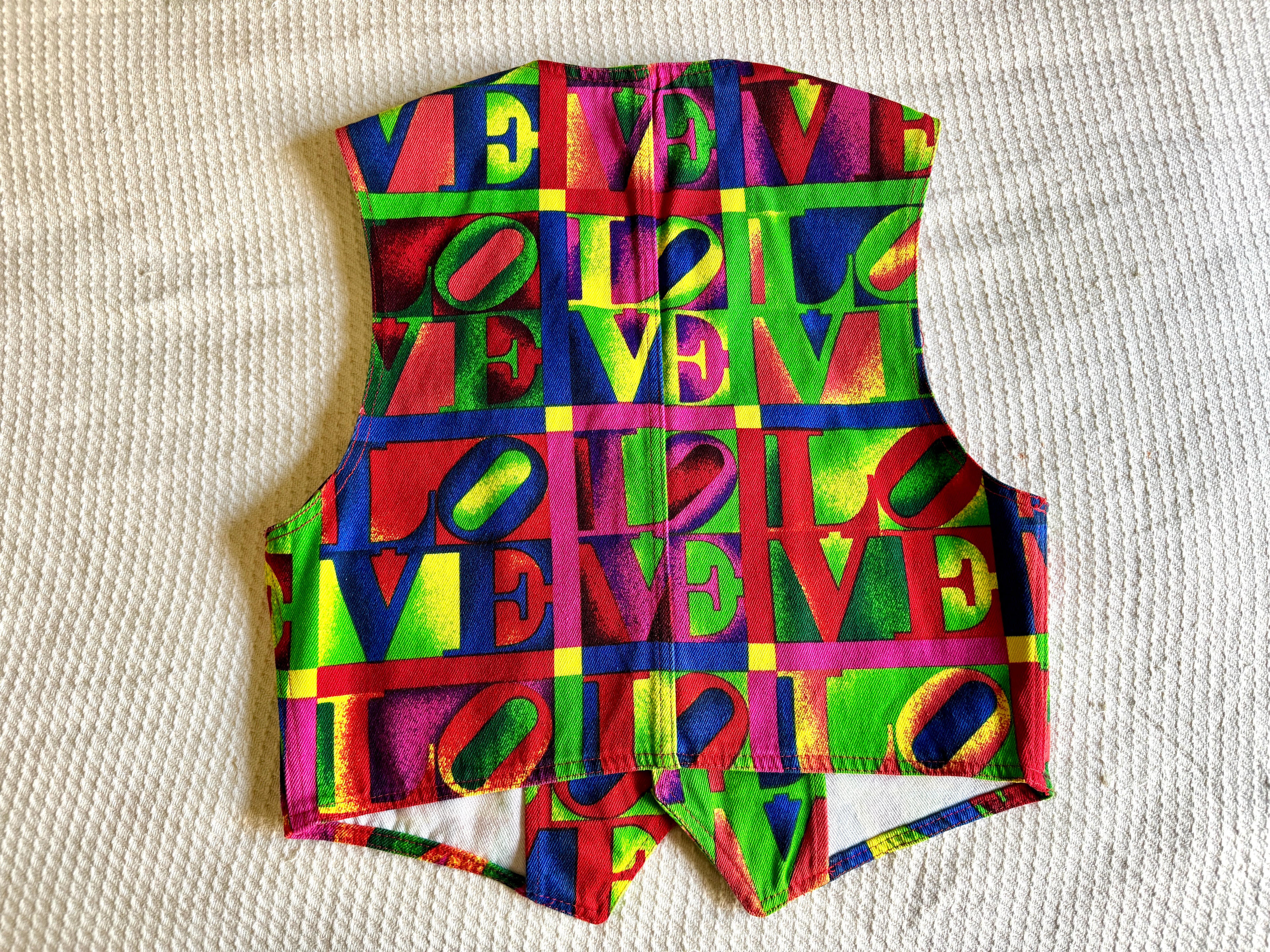 1980's Versace Love Block Print Denim Streetwear Vest ~ Medium Versace "Love" Vest