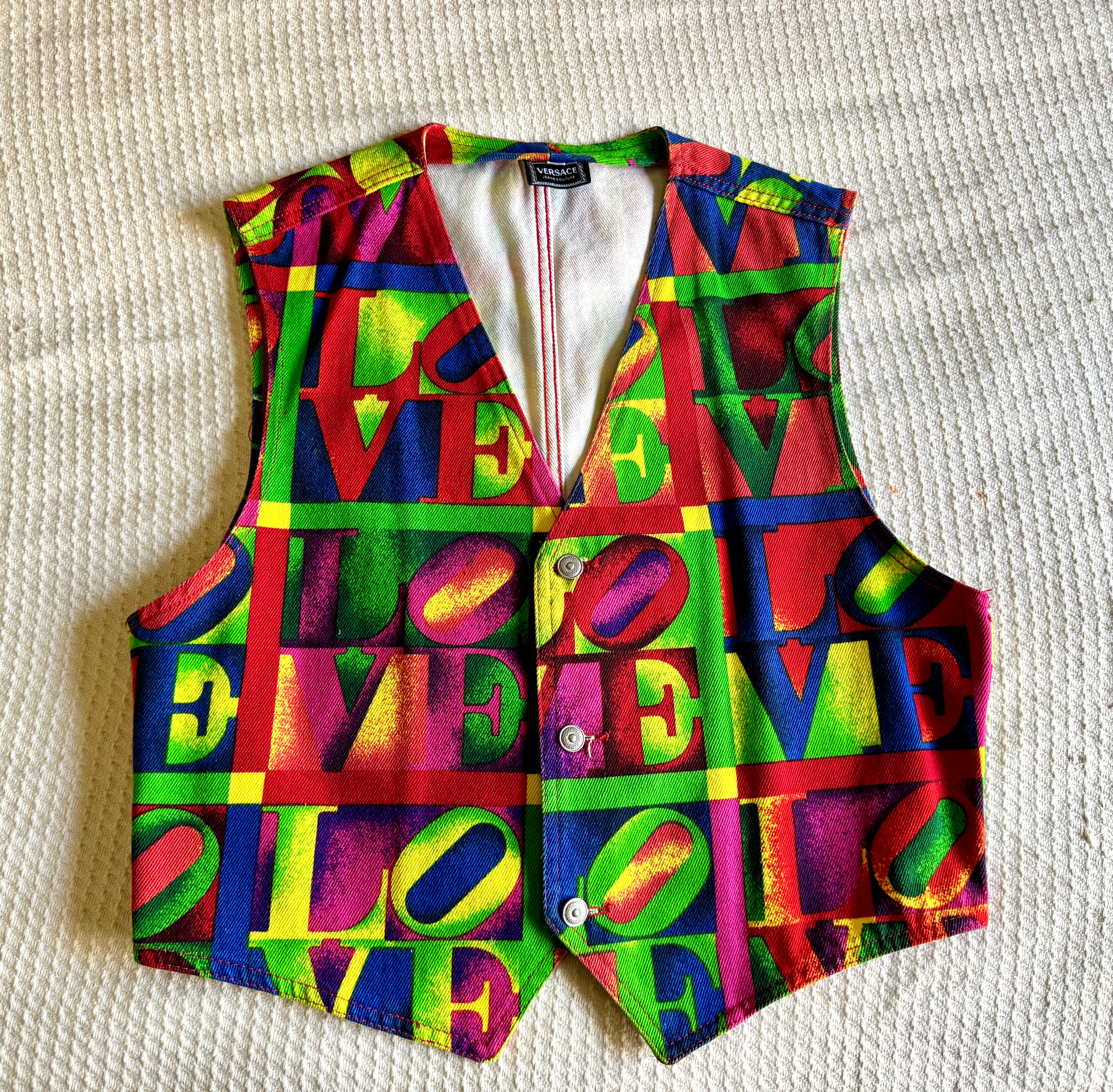 1980's Versace Love Block Print Denim Streetwear Vest ~ Medium Versace "Love" Vest
