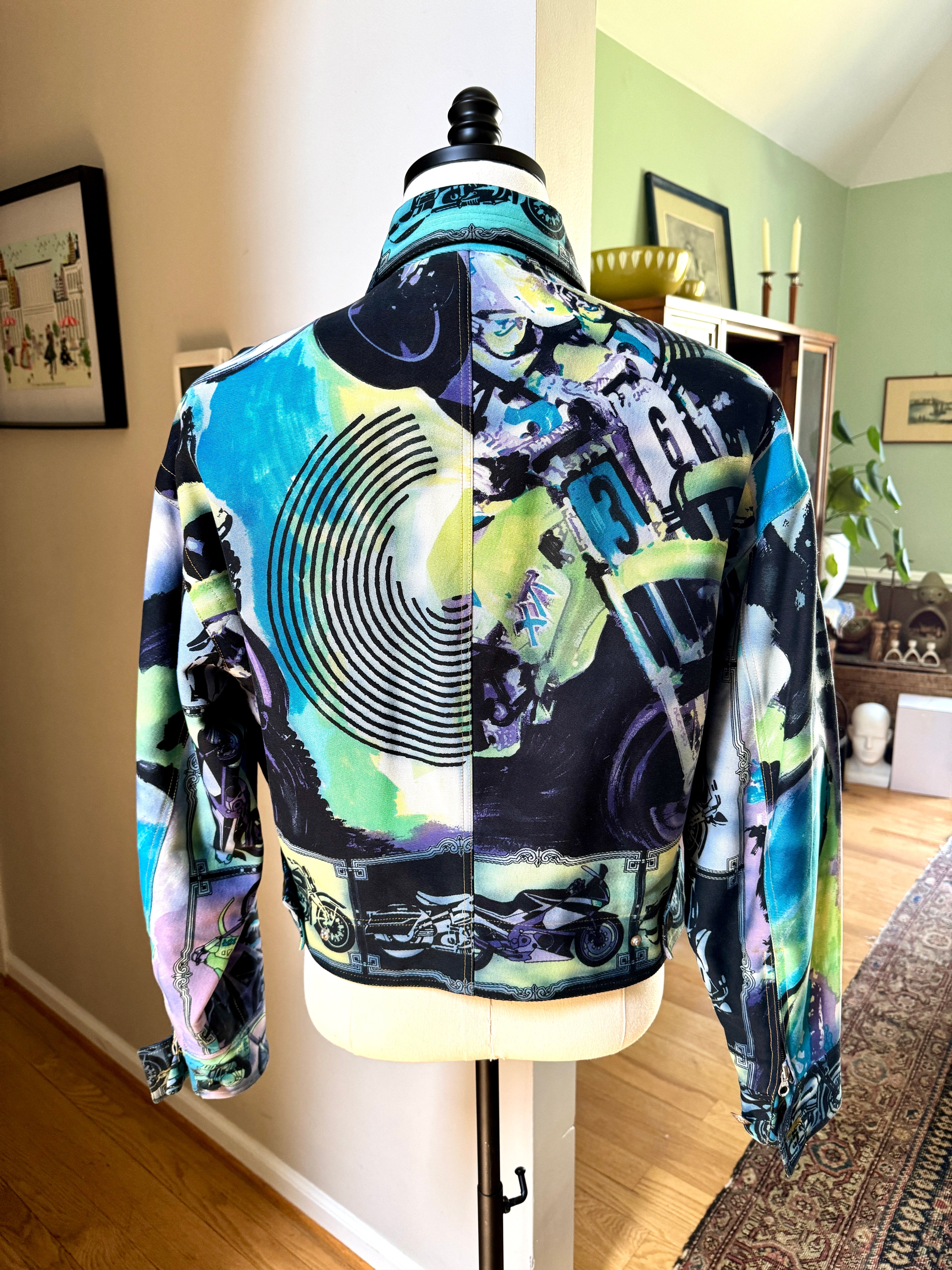 90's Gianni Versace Moto Jacket RARE ~ Versace Streetwear Motorcycle Print Jacket (M)