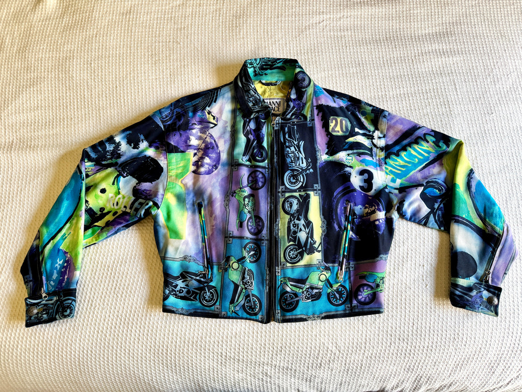 90's Gianni Versace Moto Jacket RARE ~ Versace Streetwear Motorcycle Print Jacket (M)