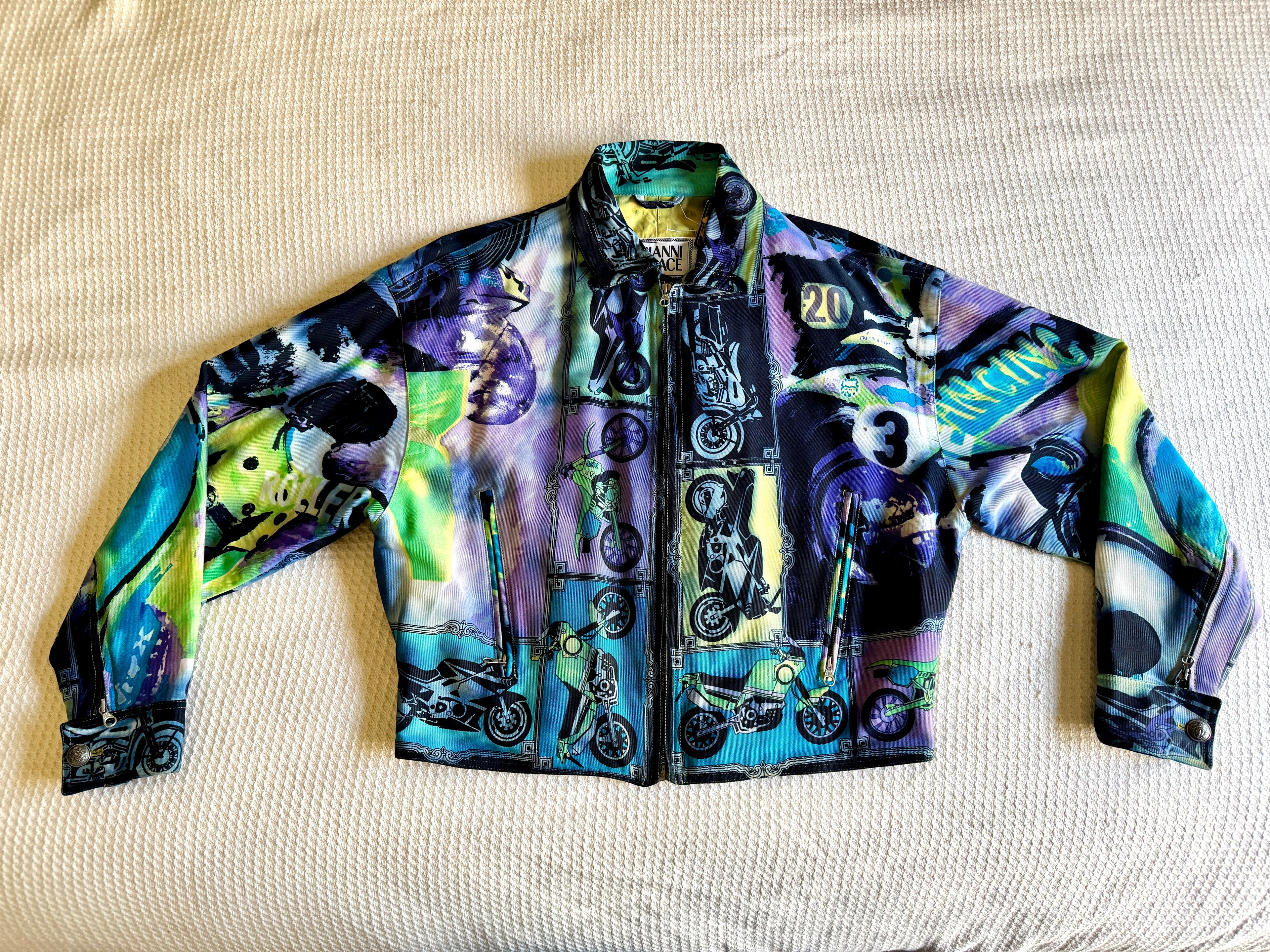 90's Gianni Versace Moto Jacket RARE ~ Versace Streetwear Motorcycle Print Jacket (M)