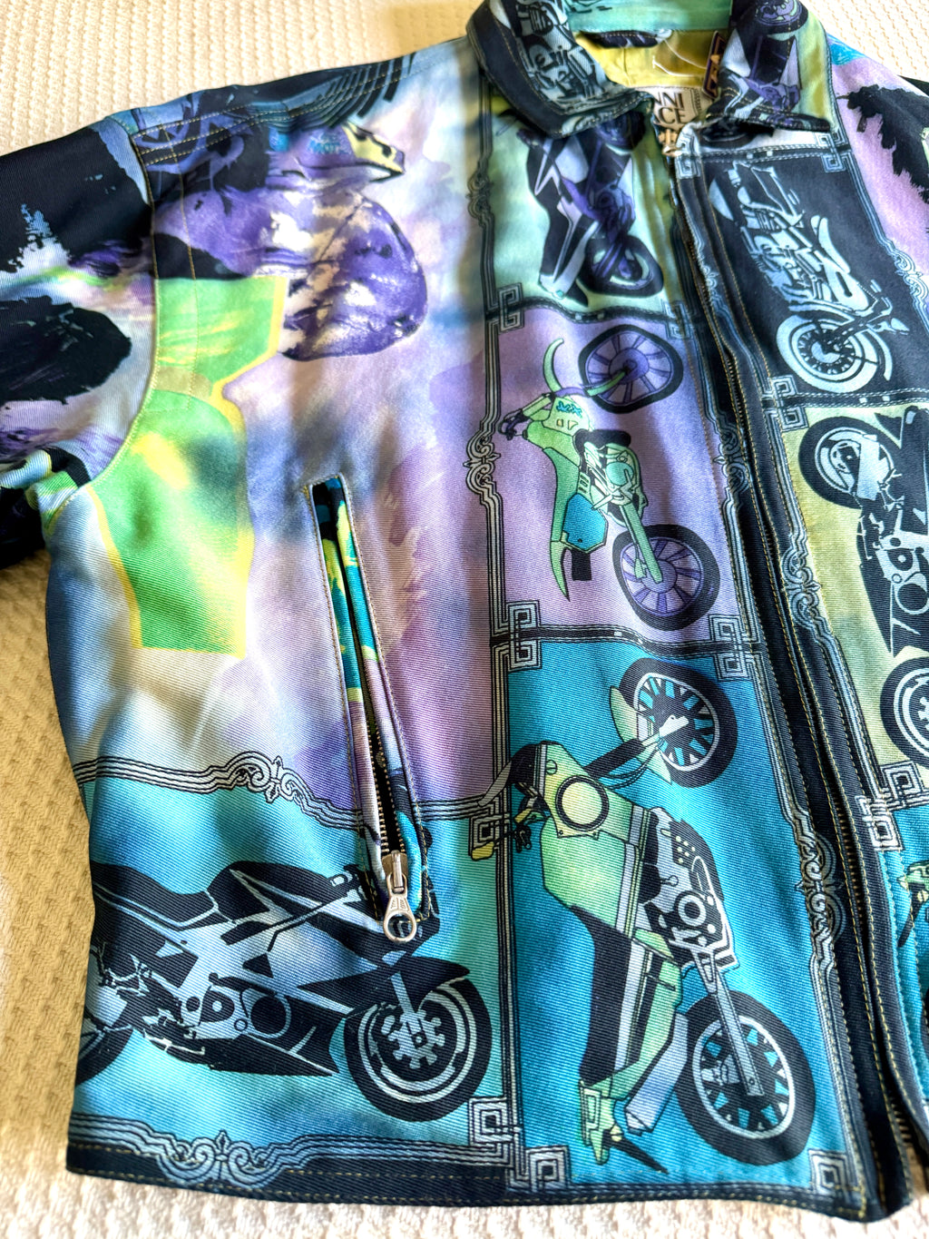 90's Gianni Versace Moto Jacket RARE ~ Versace Streetwear Motorcycle Print Jacket (M)