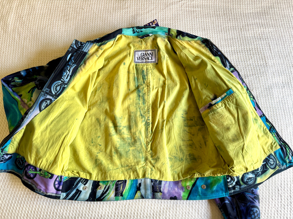 90's Gianni Versace Moto Jacket RARE ~ Versace Streetwear Motorcycle Print Jacket (M)