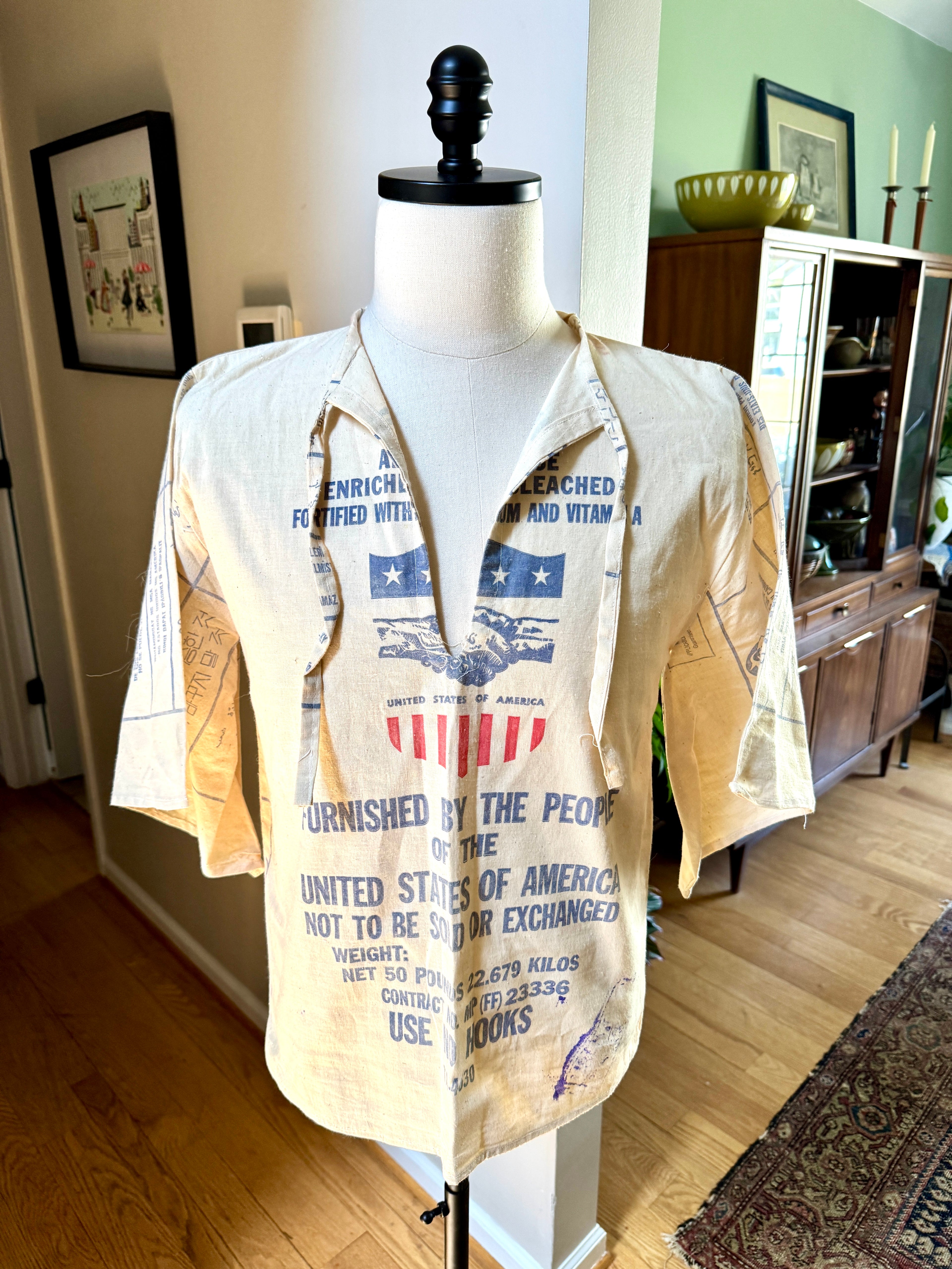 1960's Upcycled US Aid Feed Sack Shirt With Multi Language Bell Sleeves ~ U.S. Aid Feed Sack Shirt