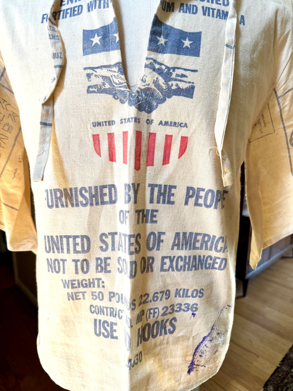 1960's Upcycled US Aid Feed Sack Shirt With Multi Language Bell Sleeves ~ U.S. Aid Feed Sack Shirt