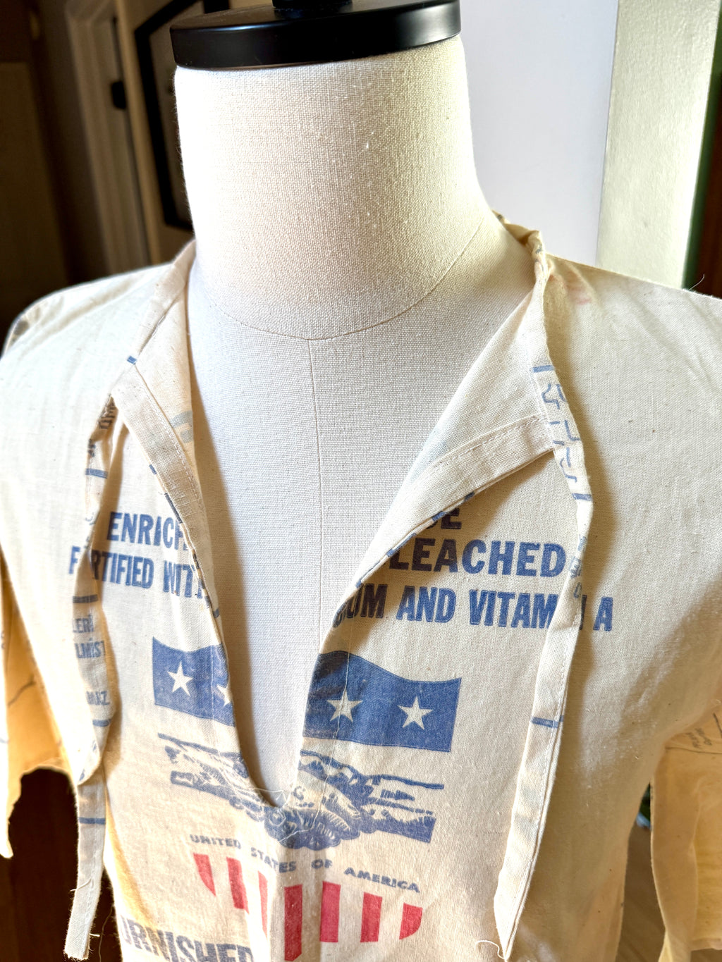 1960's Upcycled US Aid Feed Sack Shirt With Multi Language Bell Sleeves ~ U.S. Aid Feed Sack Shirt
