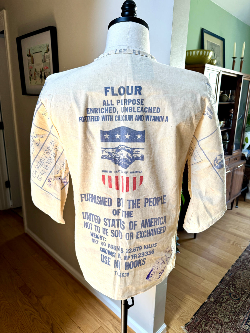 1960's Upcycled US Aid Feed Sack Shirt With Multi Language Bell Sleeves ~ U.S. Aid Feed Sack Shirt