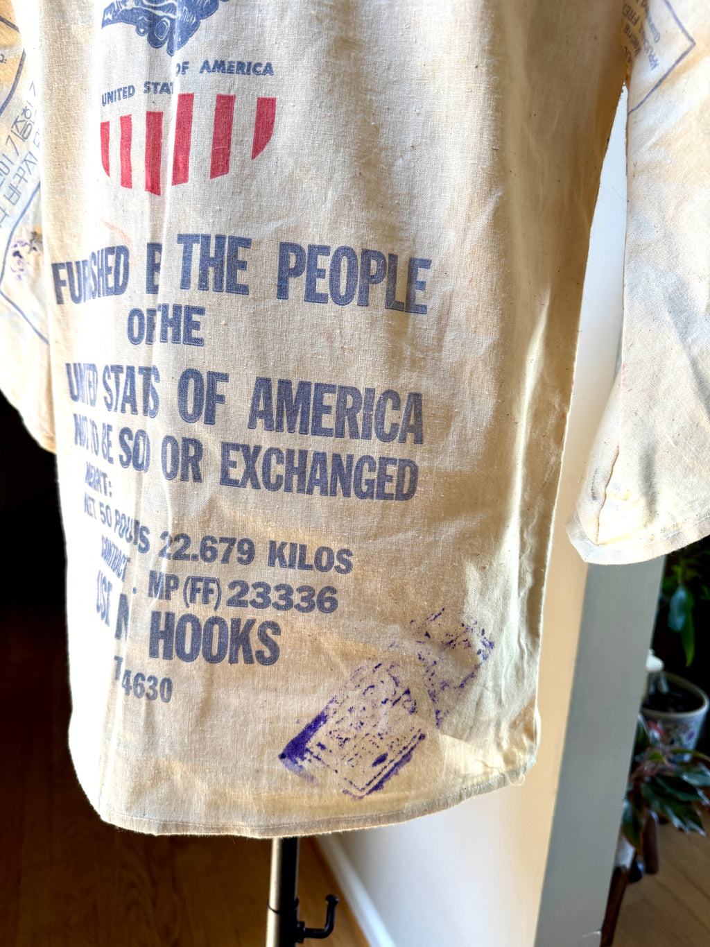 1960's Upcycled US Aid Feed Sack Shirt With Multi Language Bell Sleeves ~ U.S. Aid Feed Sack Shirt