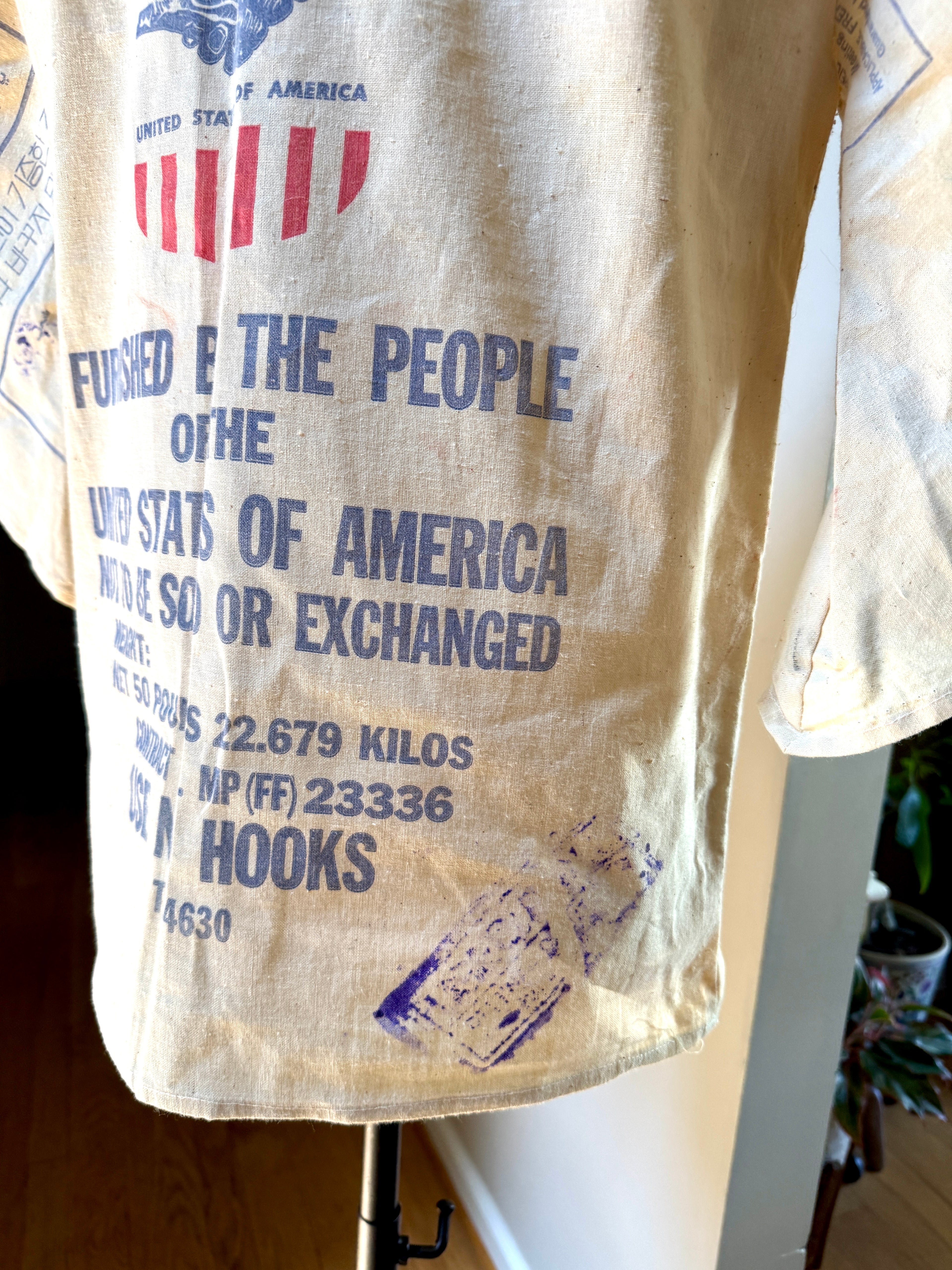 1960's Upcycled US Aid Feed Sack Shirt With Multi Language Bell Sleeves ~ U.S. Aid Feed Sack Shirt