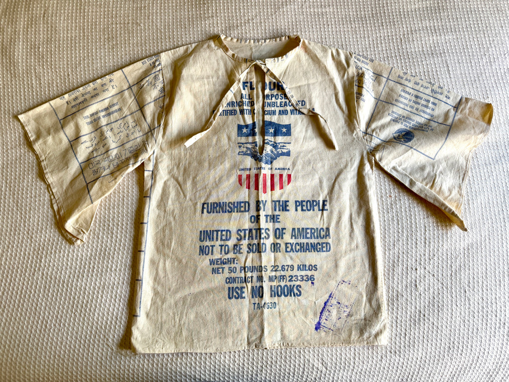 1960's Upcycled US Aid Feed Sack Shirt With Multi Language Bell Sleeves ~ U.S. Aid Feed Sack Shirt