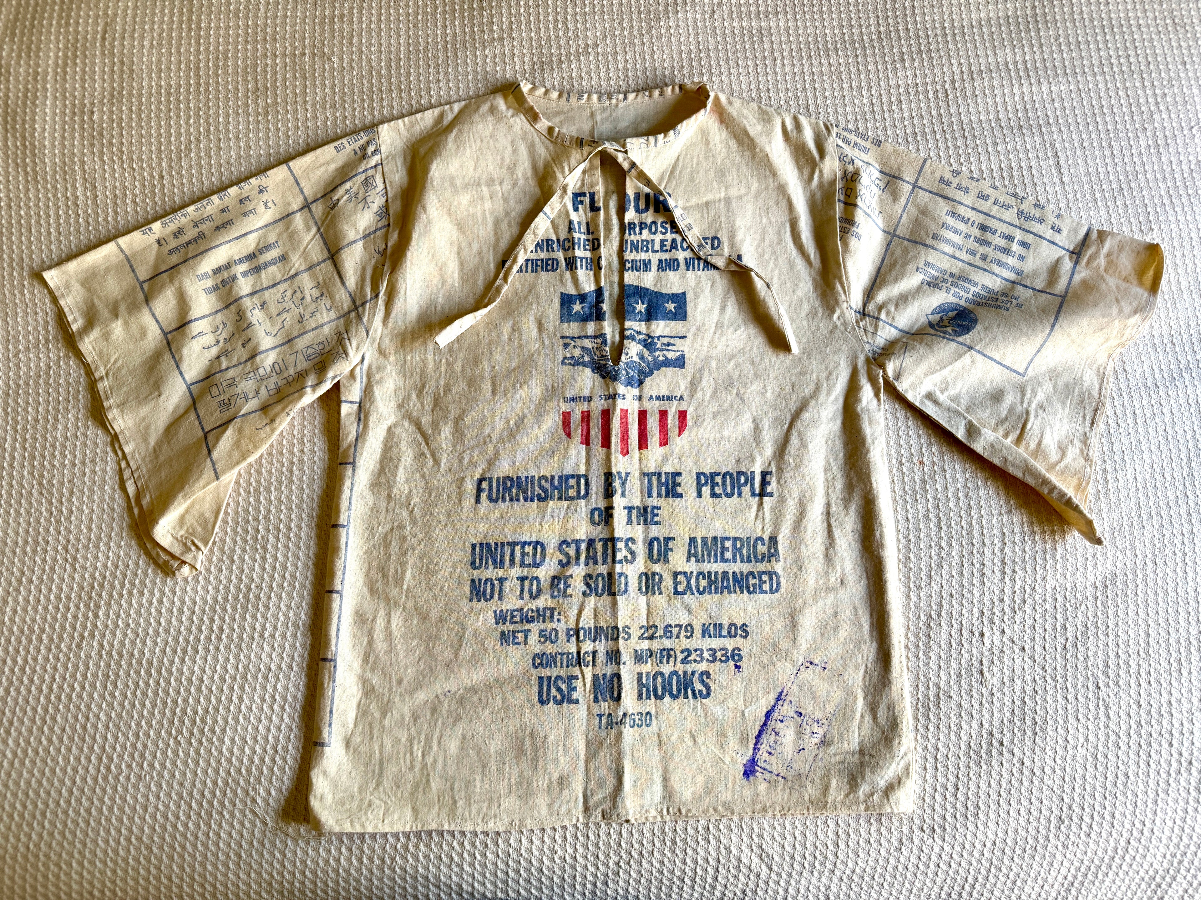 1960's Upcycled US Aid Feed Sack Shirt With Multi Language Bell Sleeves ~ U.S. Aid Feed Sack Shirt