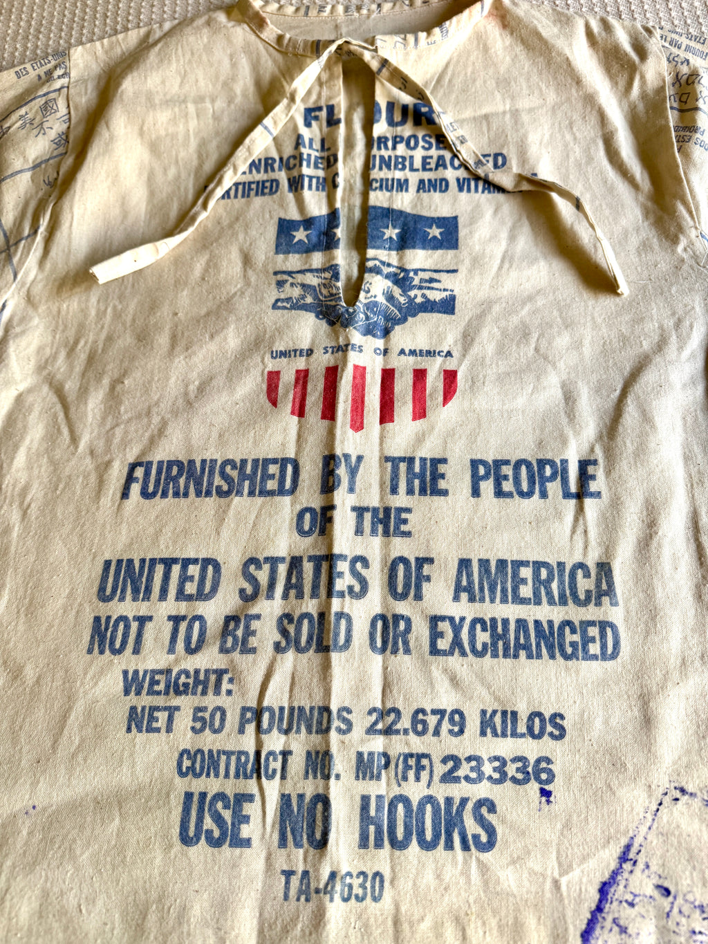 1960's Upcycled US Aid Feed Sack Shirt With Multi Language Bell Sleeves ~ U.S. Aid Feed Sack Shirt
