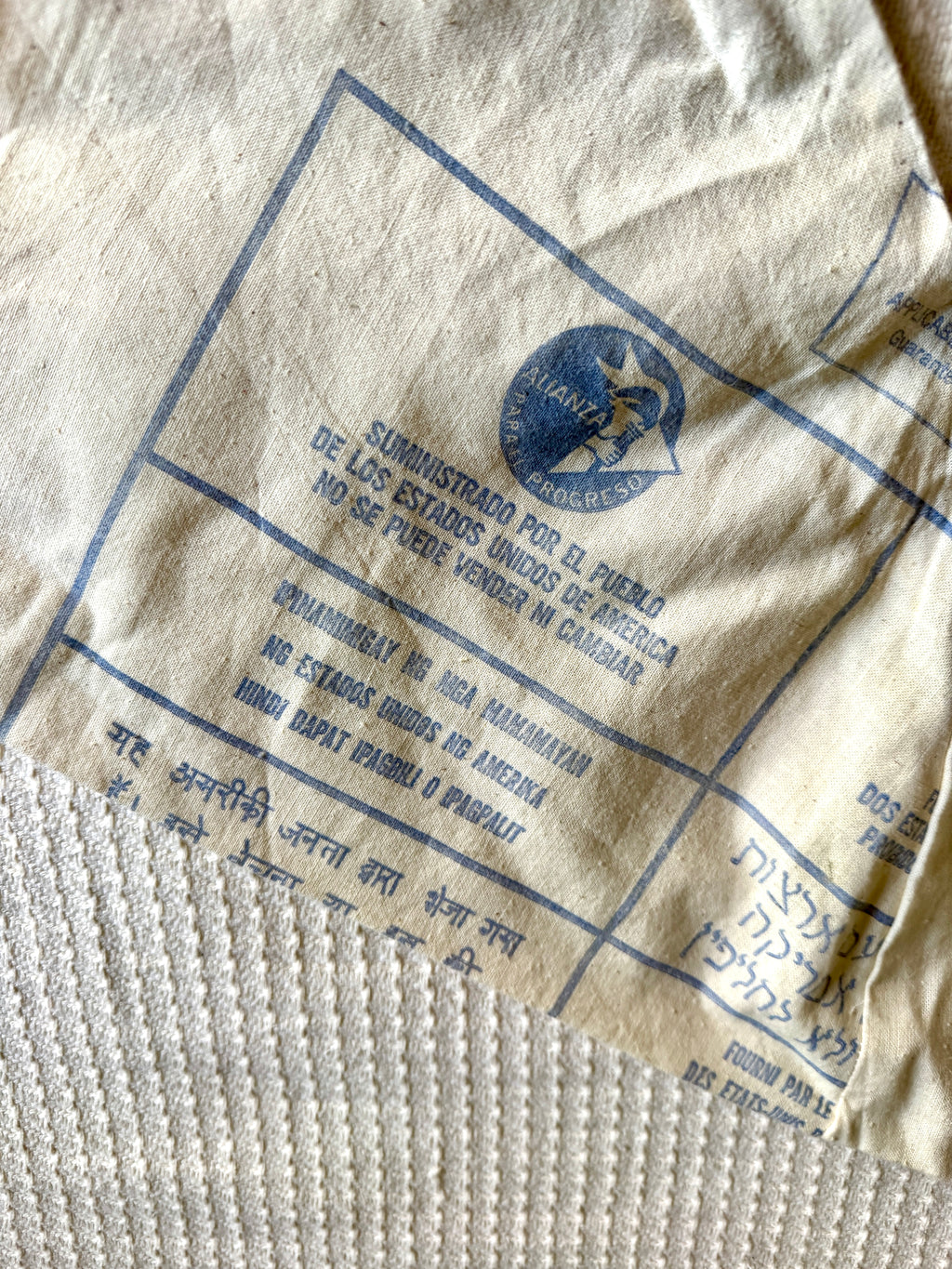 1960's Upcycled US Aid Feed Sack Shirt With Multi Language Bell Sleeves ~ U.S. Aid Feed Sack Shirt