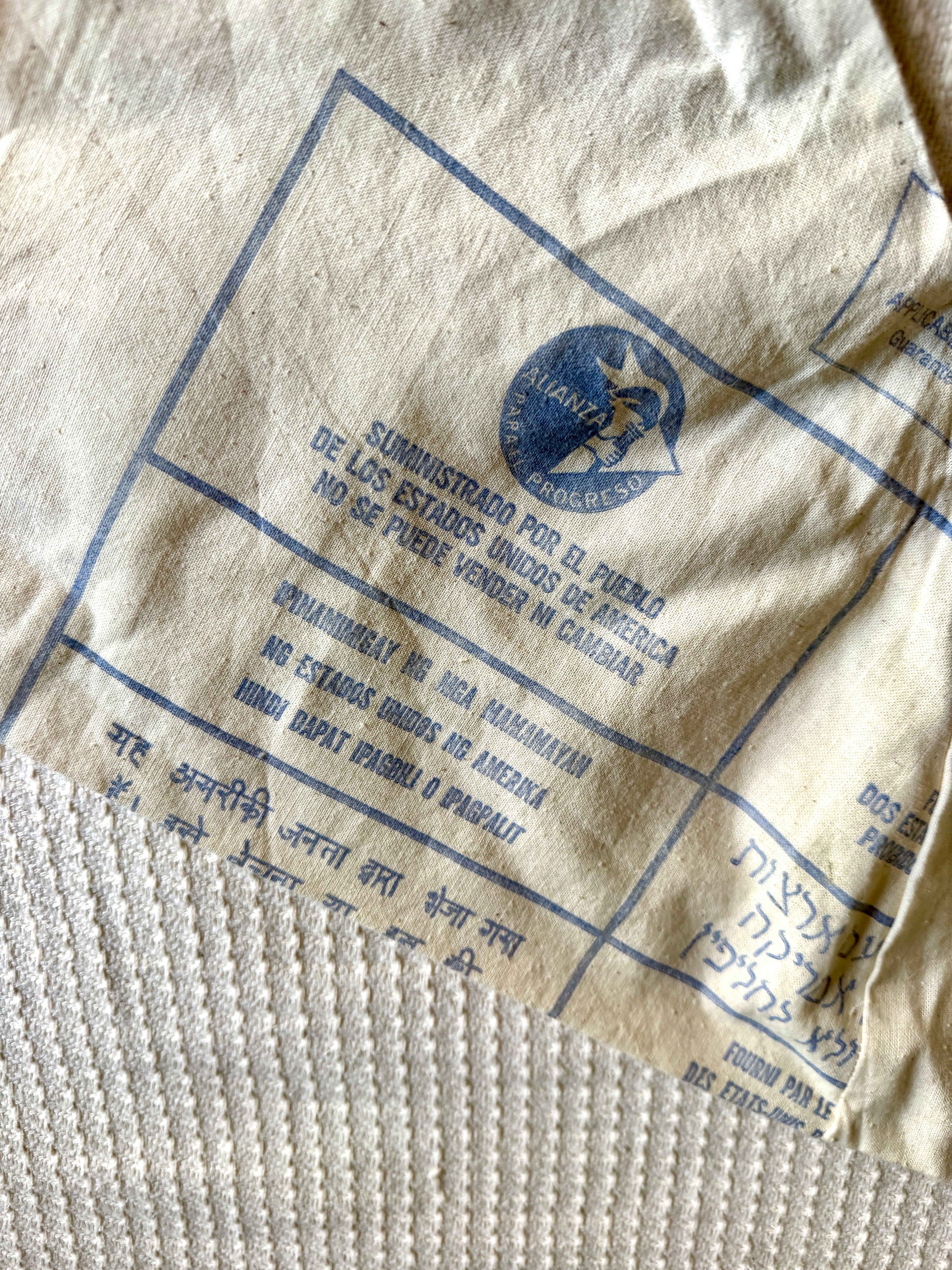 1960's Upcycled US Aid Feed Sack Shirt With Multi Language Bell Sleeves ~ U.S. Aid Feed Sack Shirt