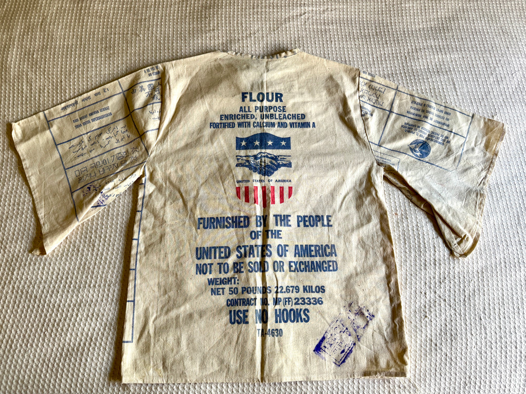 1960's Upcycled US Aid Feed Sack Shirt With Multi Language Bell Sleeves ~ U.S. Aid Feed Sack Shirt