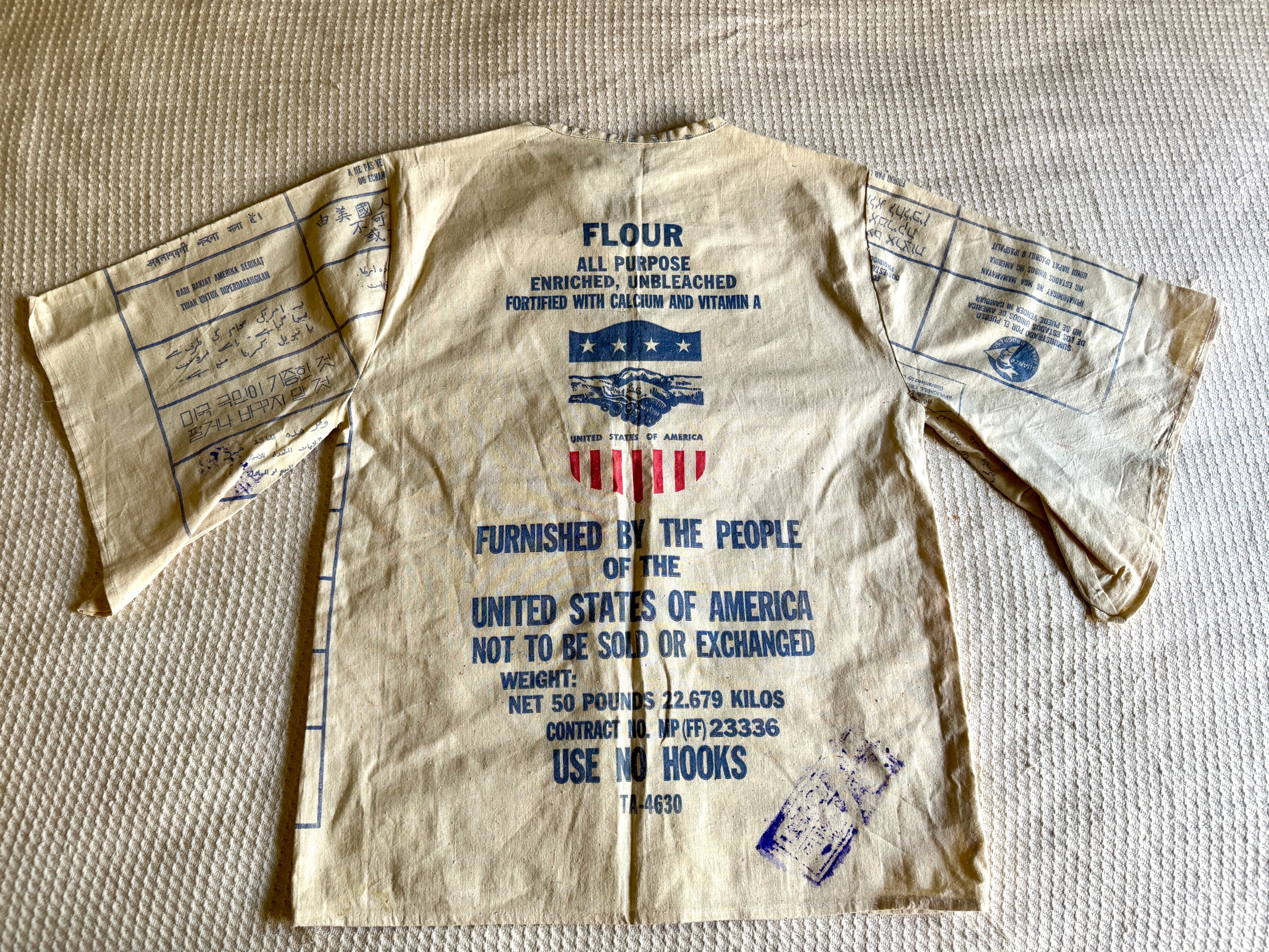 1960's Upcycled US Aid Feed Sack Shirt With Multi Language Bell Sleeves ~ U.S. Aid Feed Sack Shirt