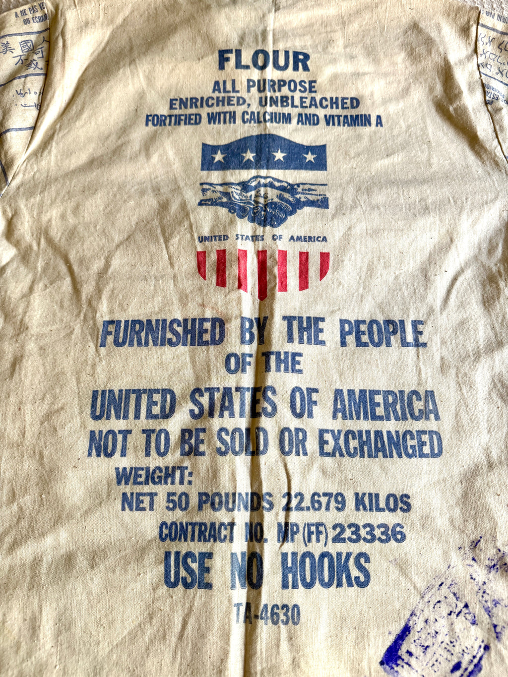 1960's Upcycled US Aid Feed Sack Shirt With Multi Language Bell Sleeves ~ U.S. Aid Feed Sack Shirt