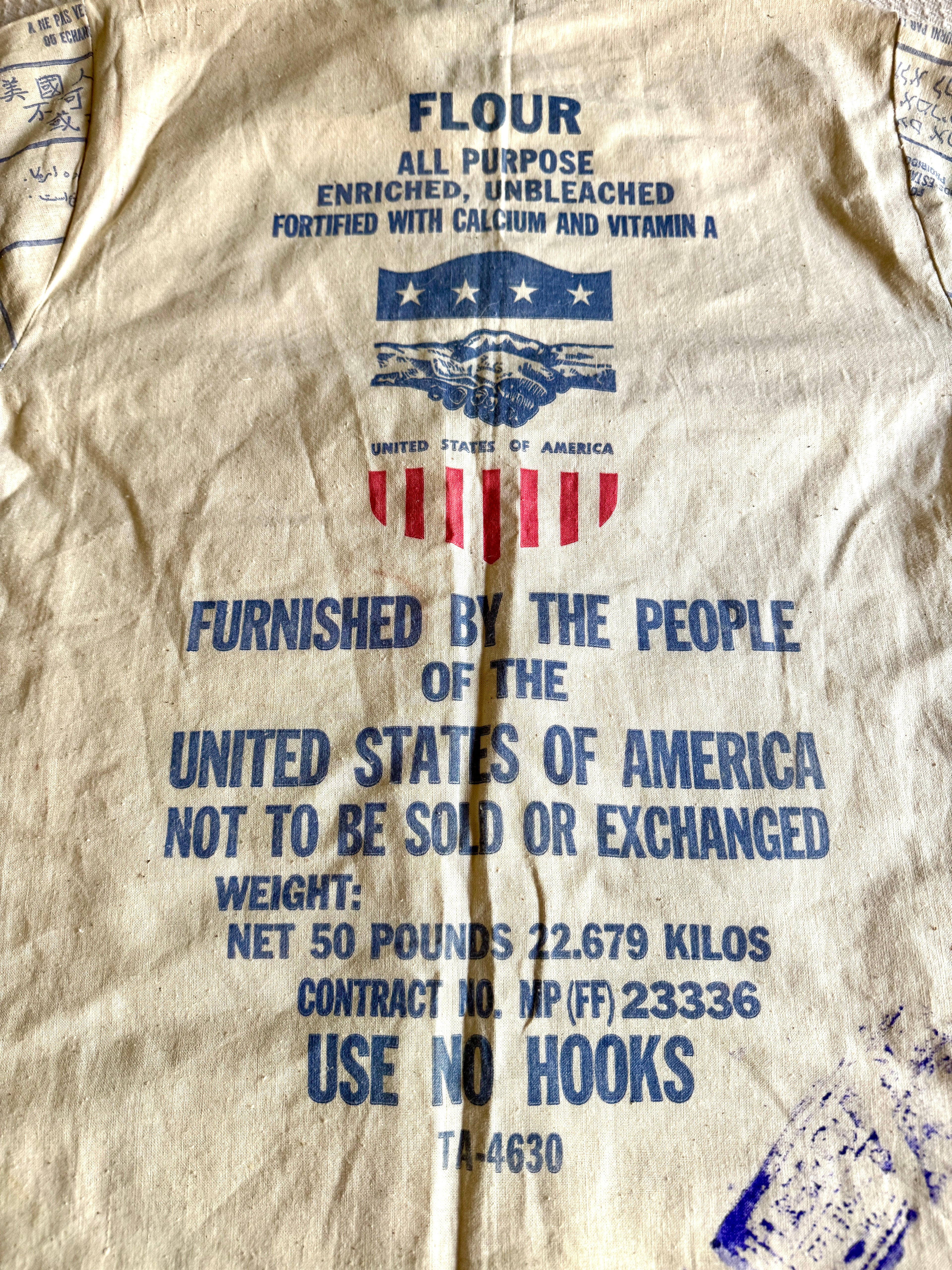 1960's Upcycled US Aid Feed Sack Shirt With Multi Language Bell Sleeves ~ U.S. Aid Feed Sack Shirt