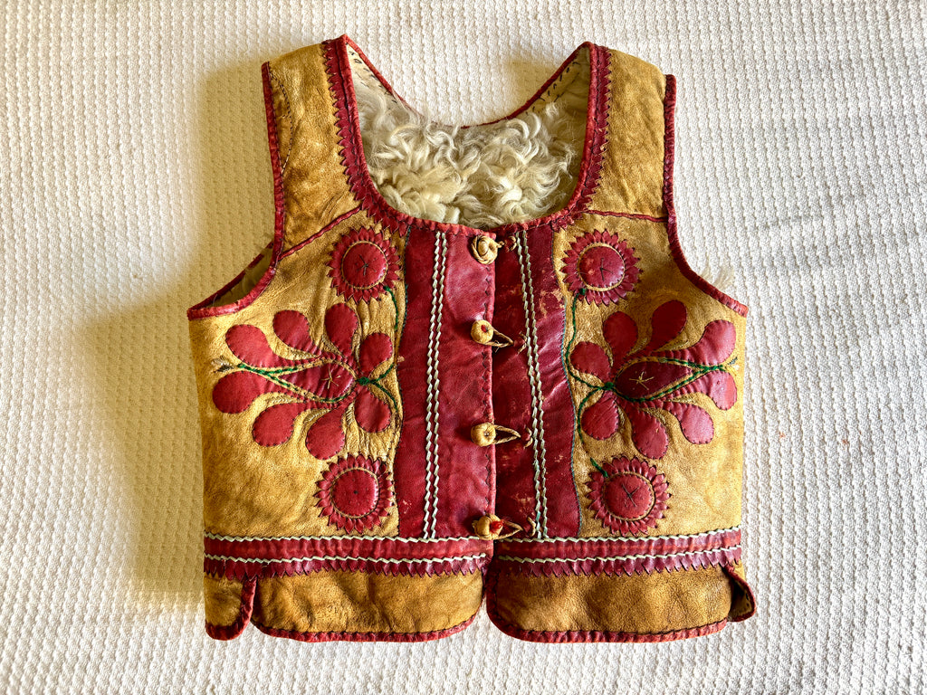 Early 1900's East European Leather & Sheepskin Fur Waistcoat ~ Leather Floral Design Fur Lined Vest