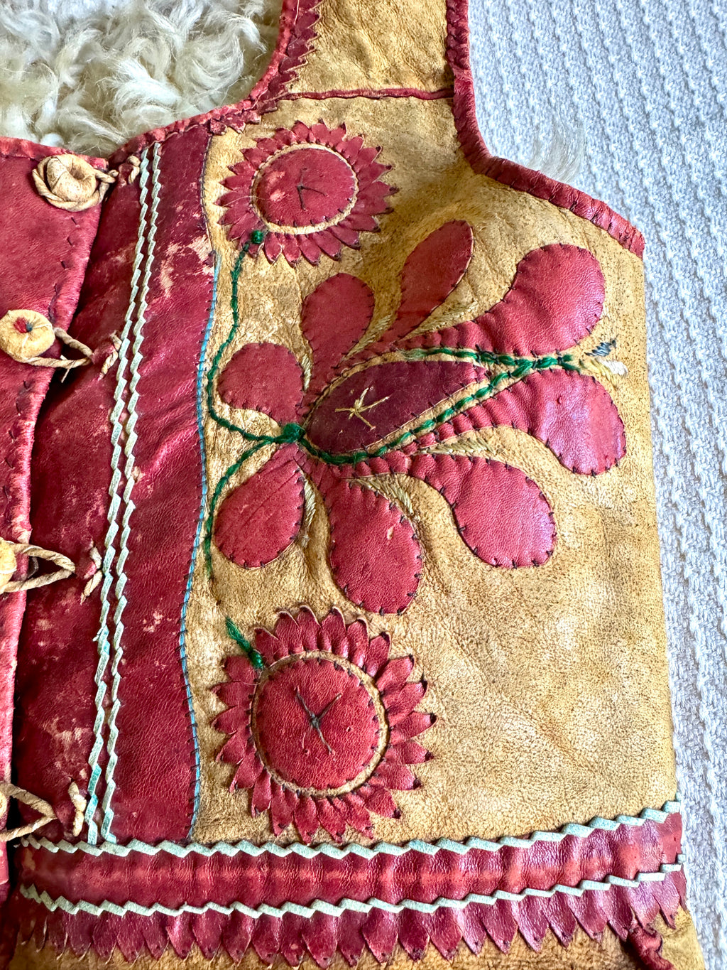 Early 1900's East European Leather & Sheepskin Fur Waistcoat ~ Leather Floral Design Fur Lined Vest