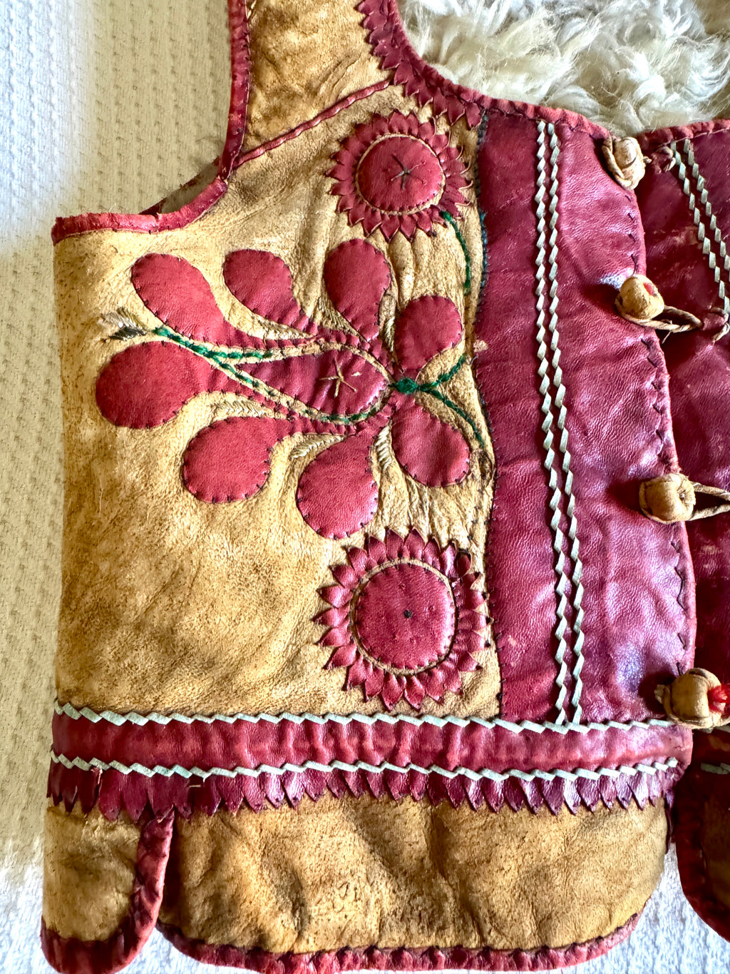 Early 1900's East European Leather & Sheepskin Fur Waistcoat ~ Leather Floral Design Fur Lined Vest