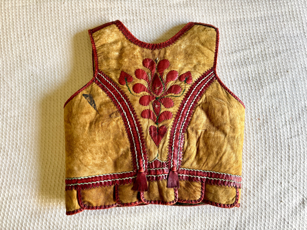 Early 1900's East European Leather & Sheepskin Fur Waistcoat ~ Leather Floral Design Fur Lined Vest