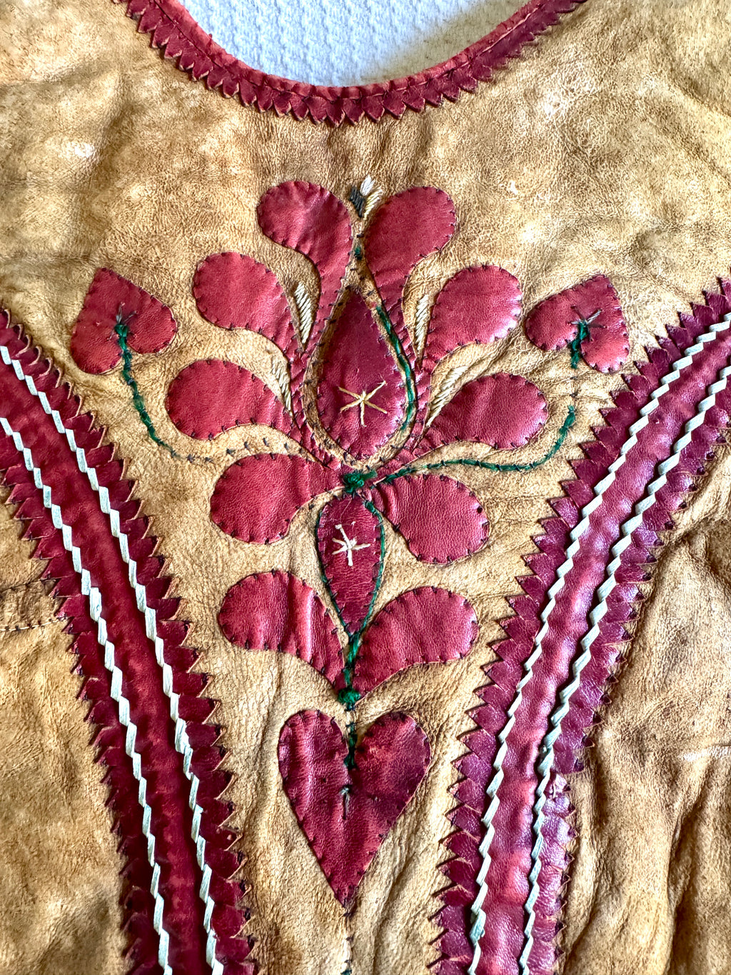 Early 1900's East European Leather & Sheepskin Fur Waistcoat ~ Leather Floral Design Fur Lined Vest