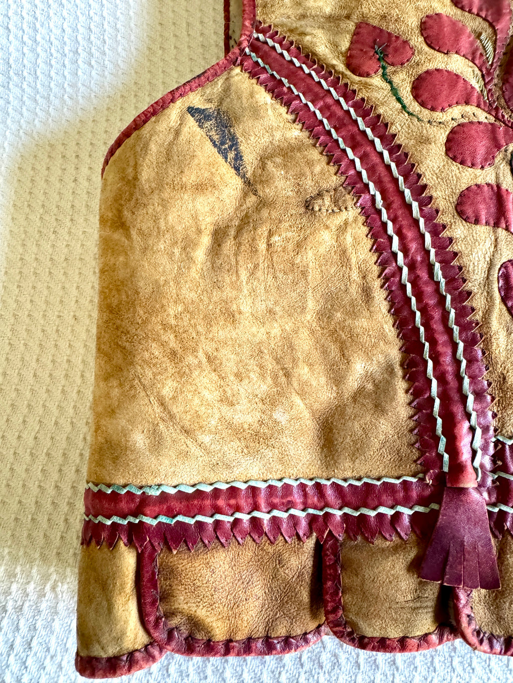 Early 1900's East European Leather & Sheepskin Fur Waistcoat ~ Leather Floral Design Fur Lined Vest
